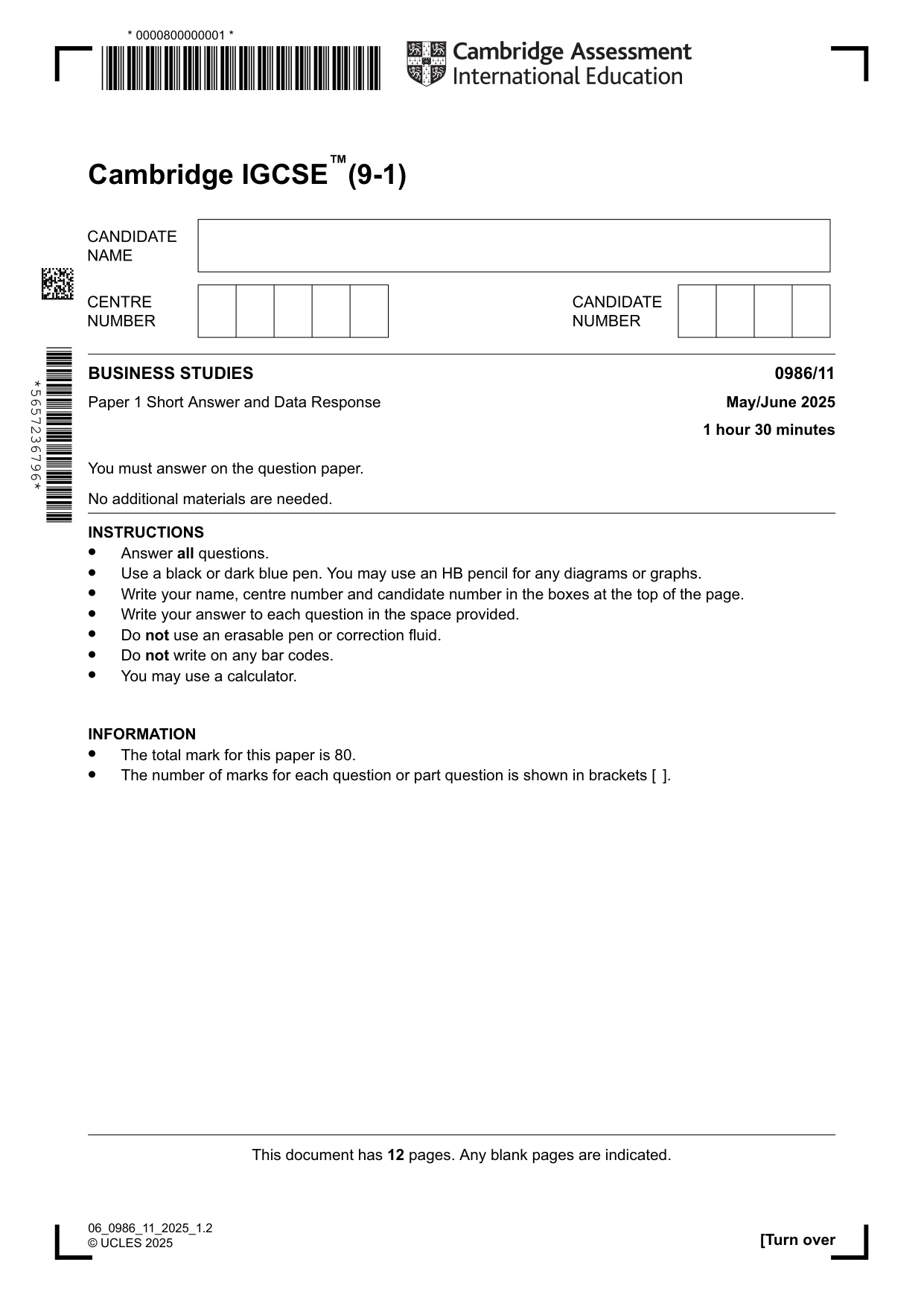 Cambridge IGCSE Business Studies (9-1) 0986 2025 May/June Paper 1 · Variant 1 question paper, page 1 of 12