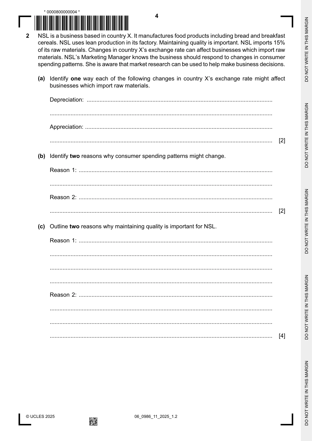 Cambridge IGCSE Business Studies (9-1) 0986 2025 May/June Paper 1 · Variant 1 question paper, page 4 of 12