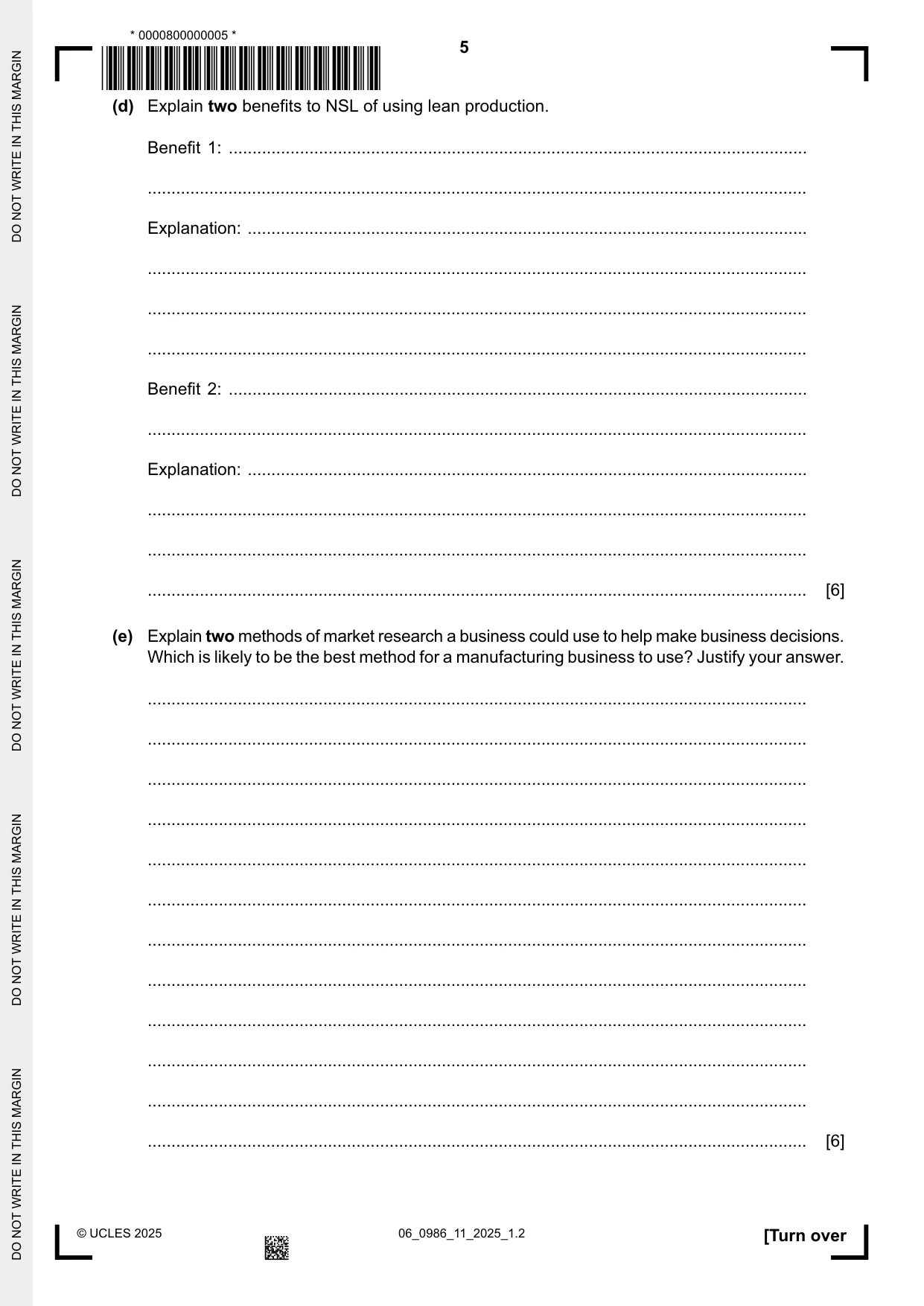 Cambridge IGCSE Business Studies (9-1) 0986 2025 May/June Paper 1 · Variant 1 question paper, page 5 of 12