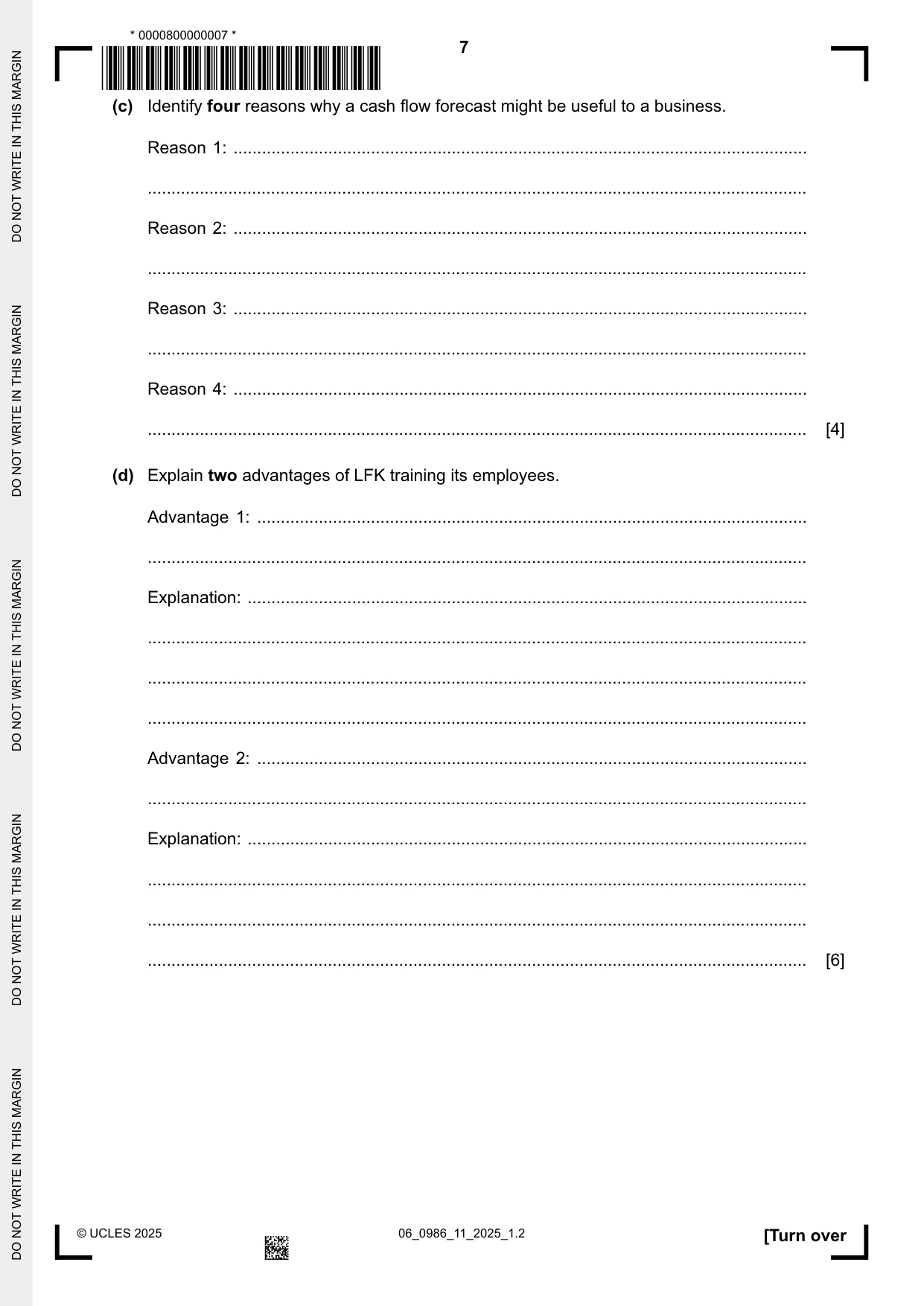 Cambridge IGCSE Business Studies (9-1) 0986 2025 May/June Paper 1 · Variant 1 question paper, page 7 of 12