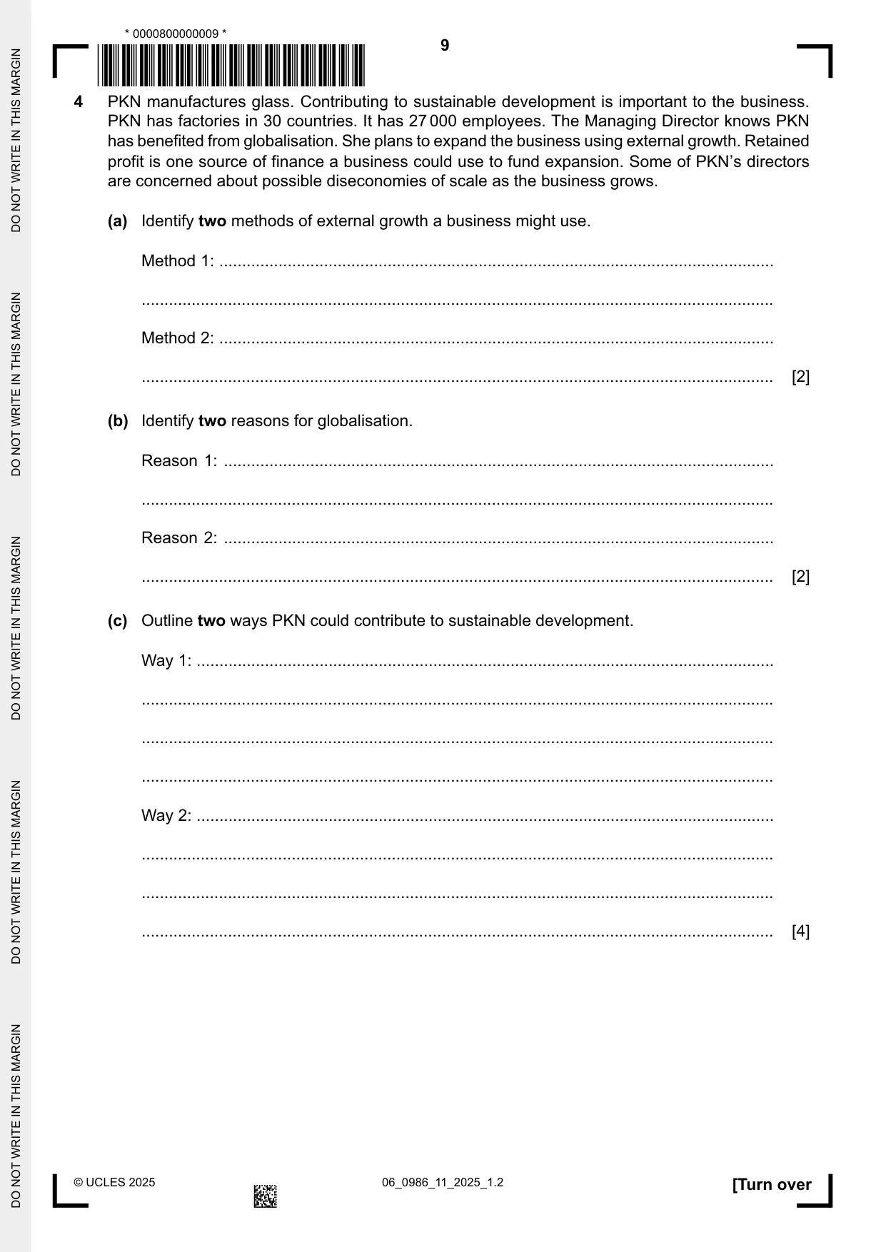 Cambridge IGCSE Business Studies (9-1) 0986 2025 May/June Paper 1 · Variant 1 question paper, page 9 of 12