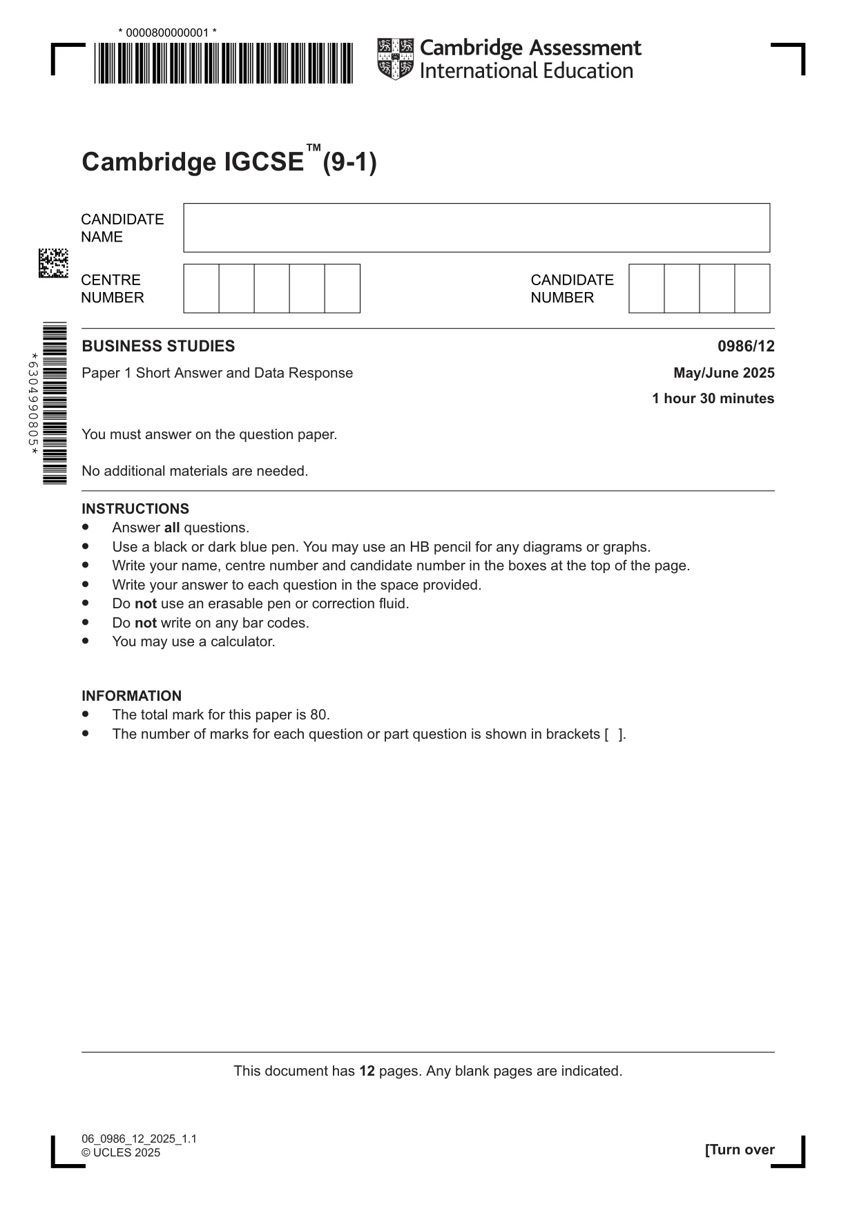 Cambridge IGCSE Business Studies (9-1) 0986 2025 May/June Paper 1 · Variant 2 question paper, page 1 of 12