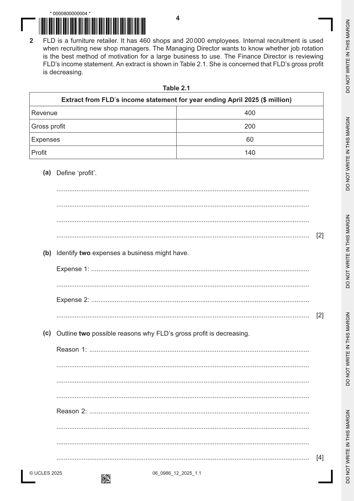 Cambridge IGCSE Business Studies (9-1) 0986 2025 May/June Paper 1 · Variant 2 question paper, page 4 of 12