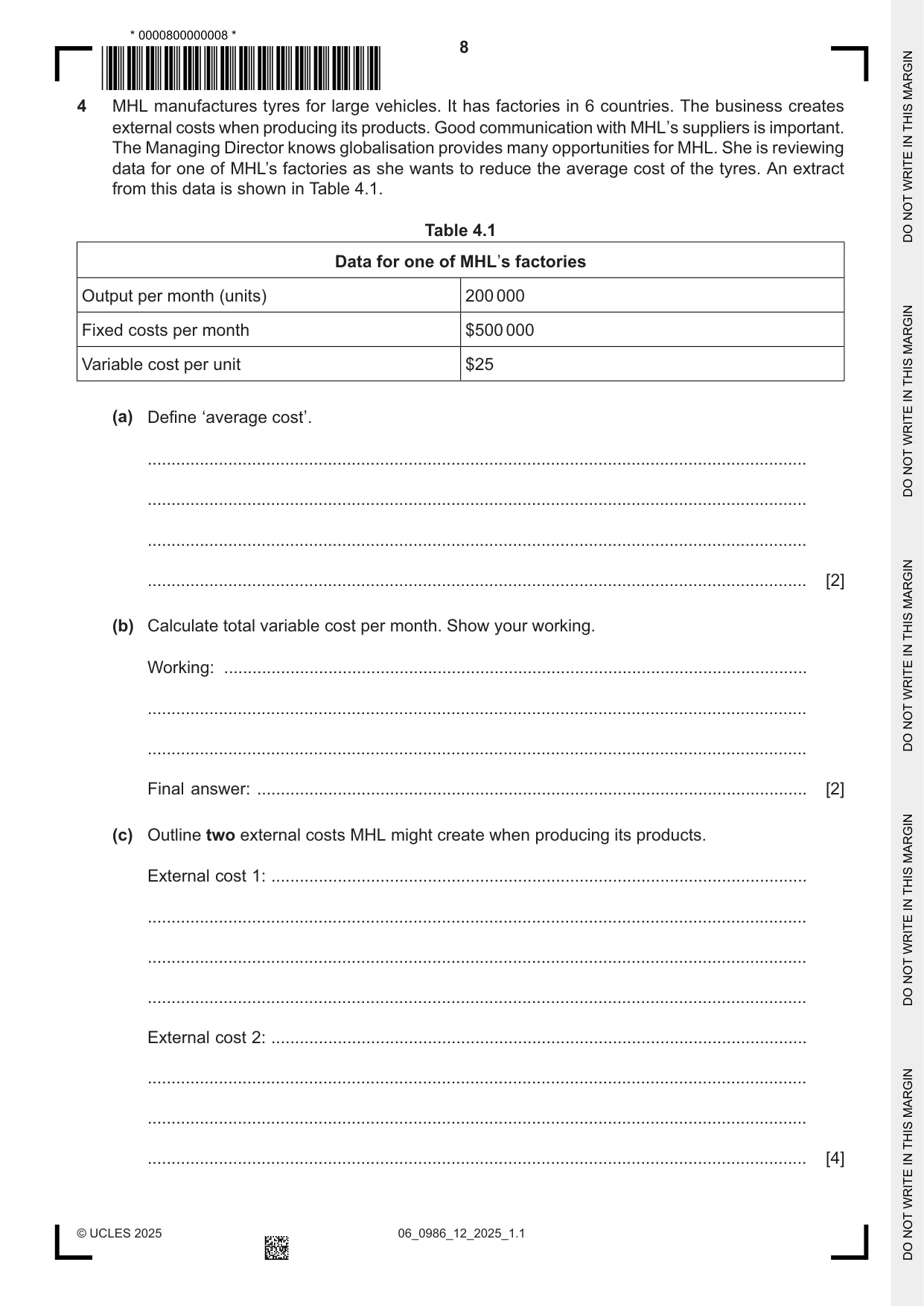 Cambridge IGCSE Business Studies (9-1) 0986 2025 May/June Paper 1 · Variant 2 question paper, page 8 of 12