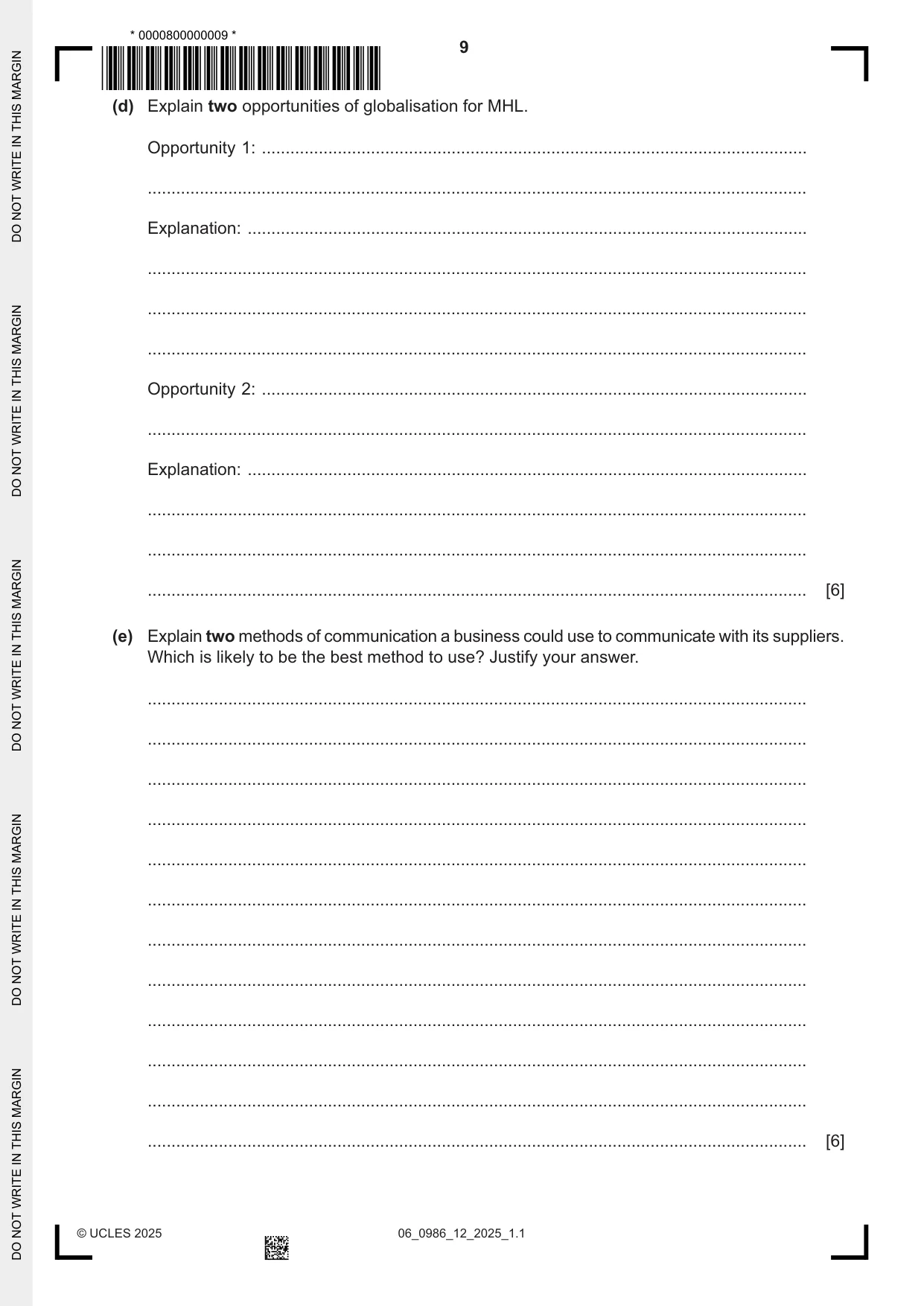 Cambridge IGCSE Business Studies (9-1) 0986 2025 May/June Paper 1 · Variant 2 question paper, page 9 of 12