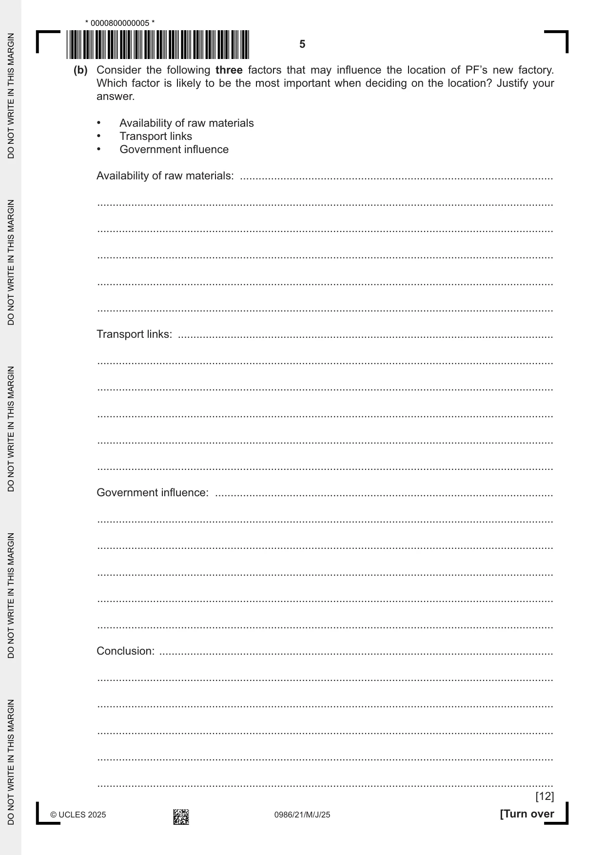 Cambridge IGCSE Business Studies (9-1) 0986 2025 May/June Paper 2 · Variant 1 question paper, page 5 of 12
