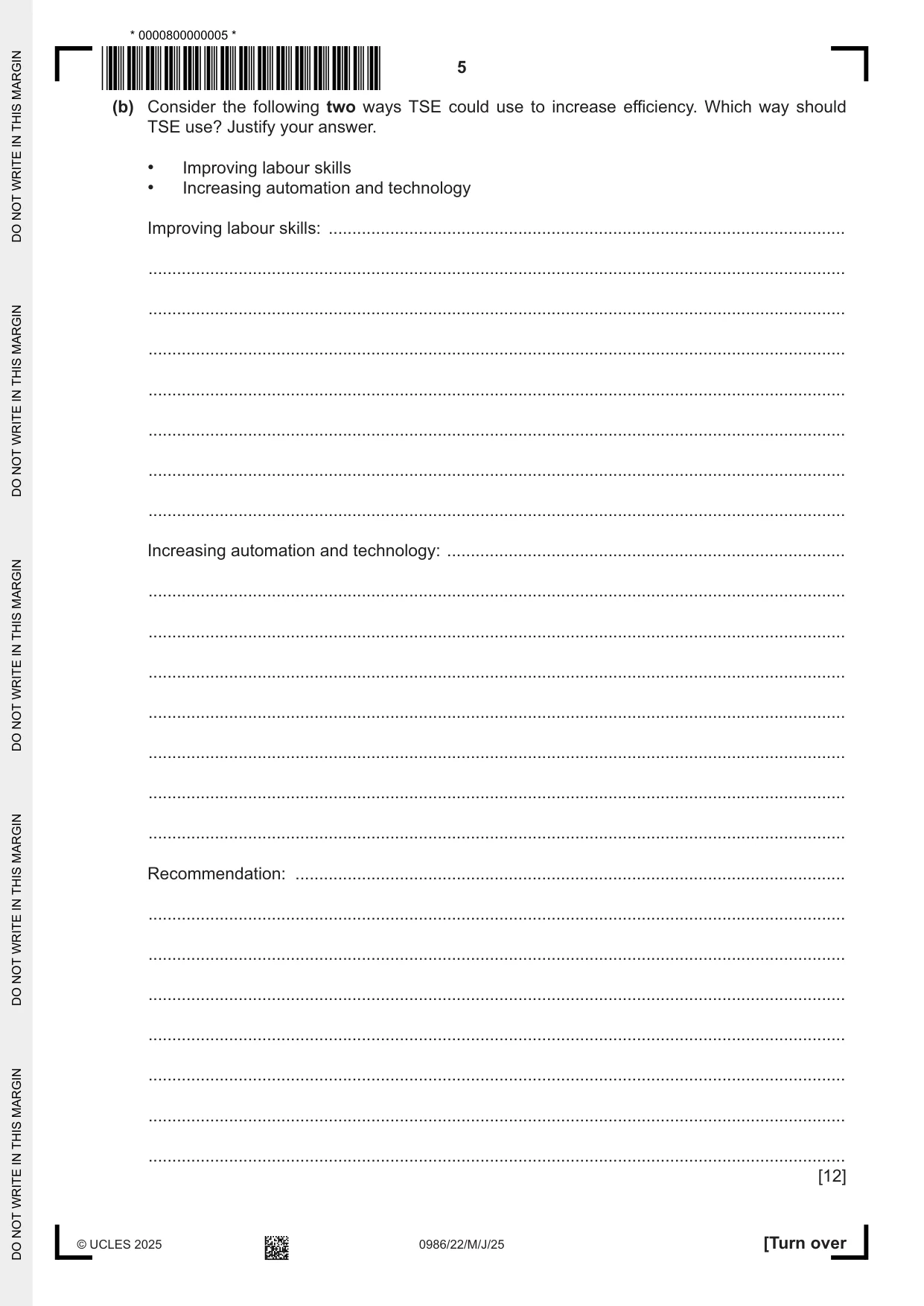 Cambridge IGCSE Business Studies (9-1) 0986 2025 May/June Paper 2 · Variant 2 question paper, page 5 of 12