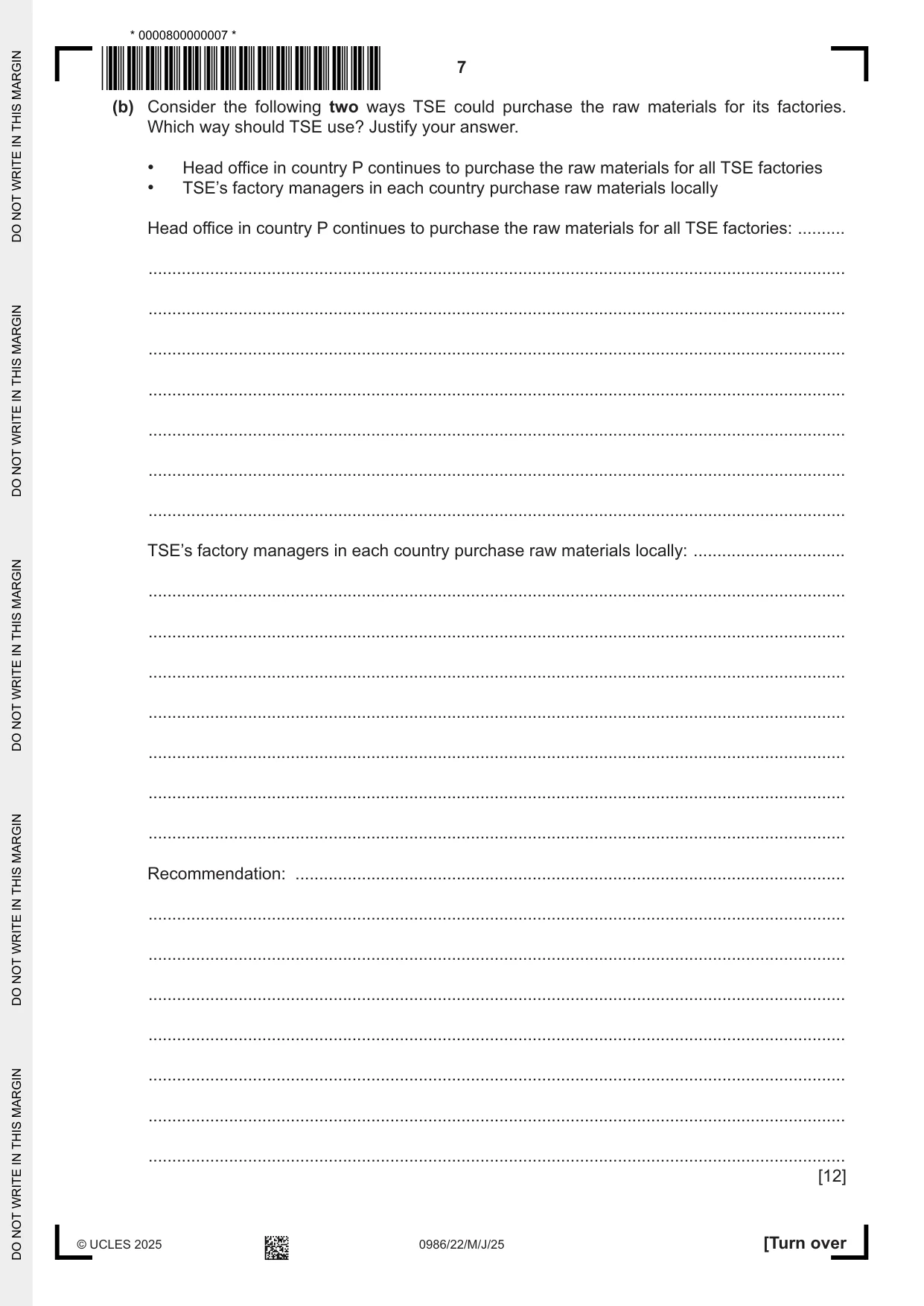 Cambridge IGCSE Business Studies (9-1) 0986 2025 May/June Paper 2 · Variant 2 question paper, page 7 of 12