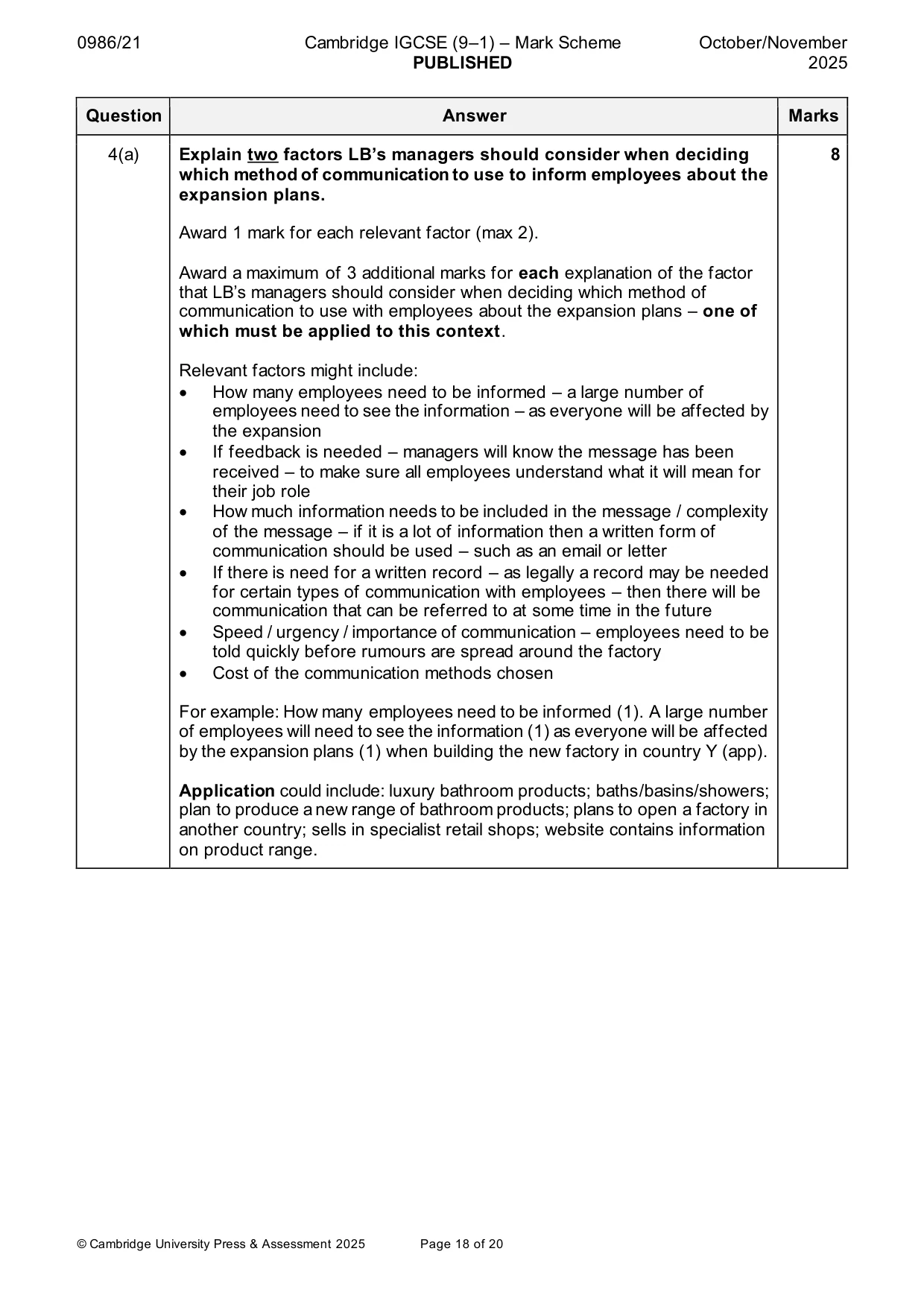 Mark scheme, page 18 of 20