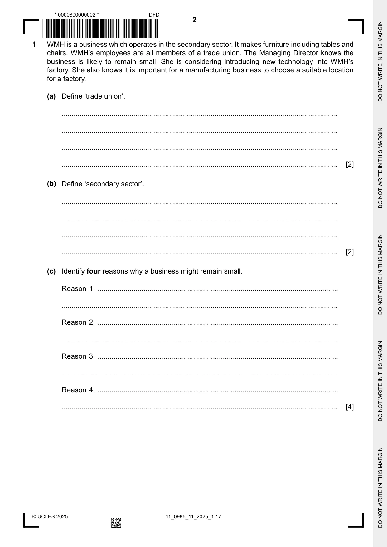 Cambridge IGCSE Business Studies (9-1) 0986 2025 Oct/Nov Paper 1 · Variant 1 question paper, page 2 of 12