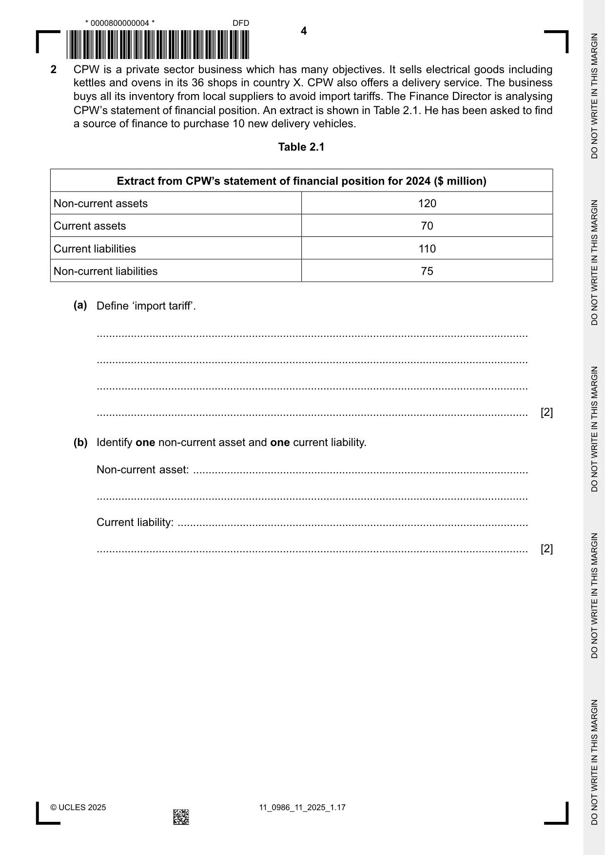 Cambridge IGCSE Business Studies (9-1) 0986 2025 Oct/Nov Paper 1 · Variant 1 question paper, page 4 of 12