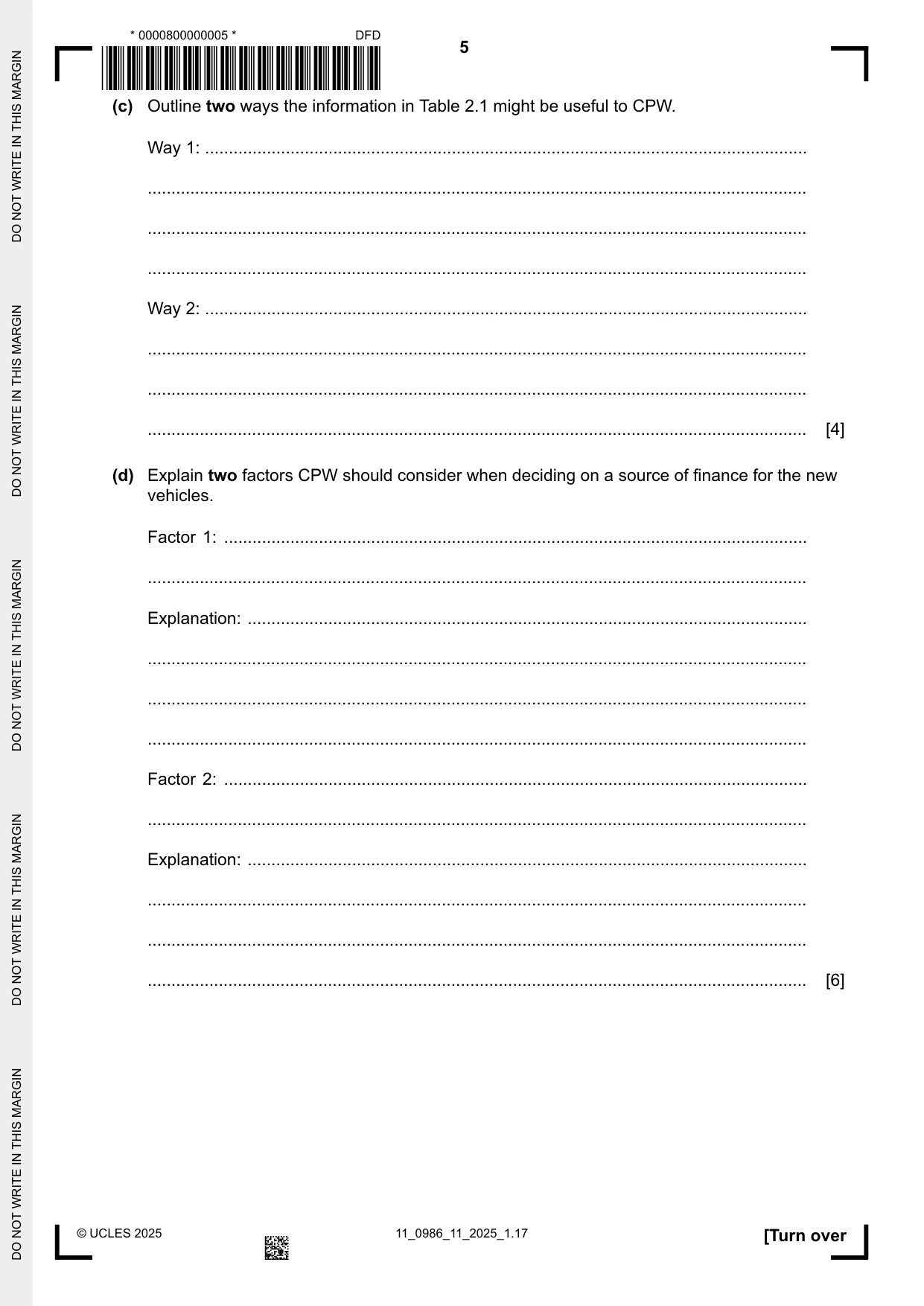Cambridge IGCSE Business Studies (9-1) 0986 2025 Oct/Nov Paper 1 · Variant 1 question paper, page 5 of 12