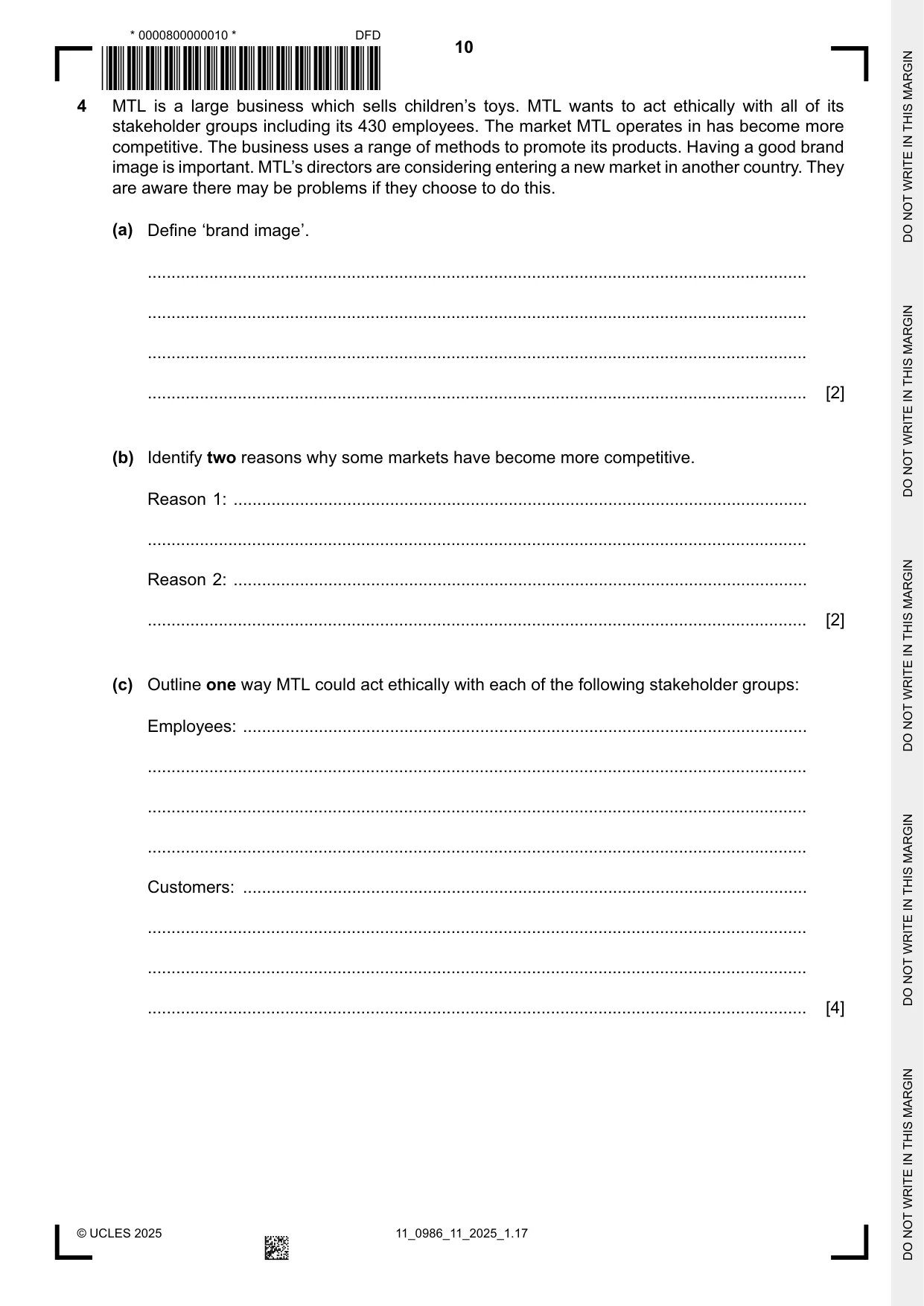 Cambridge IGCSE Business Studies (9-1) 0986 2025 Oct/Nov Paper 1 · Variant 1 question paper, page 10 of 12