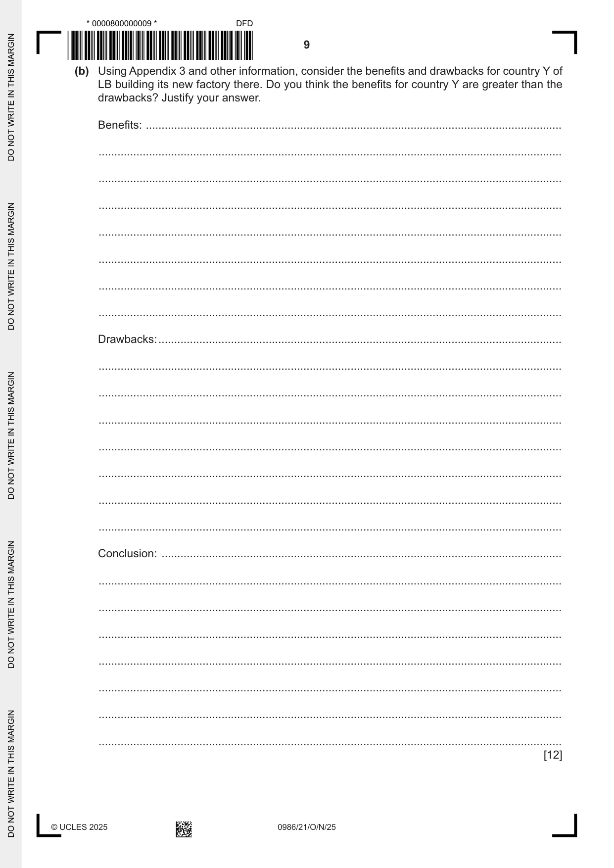 Cambridge IGCSE Business Studies (9-1) 0986 2025 Oct/Nov Paper 2 · Variant 1 question paper, page 9 of 12