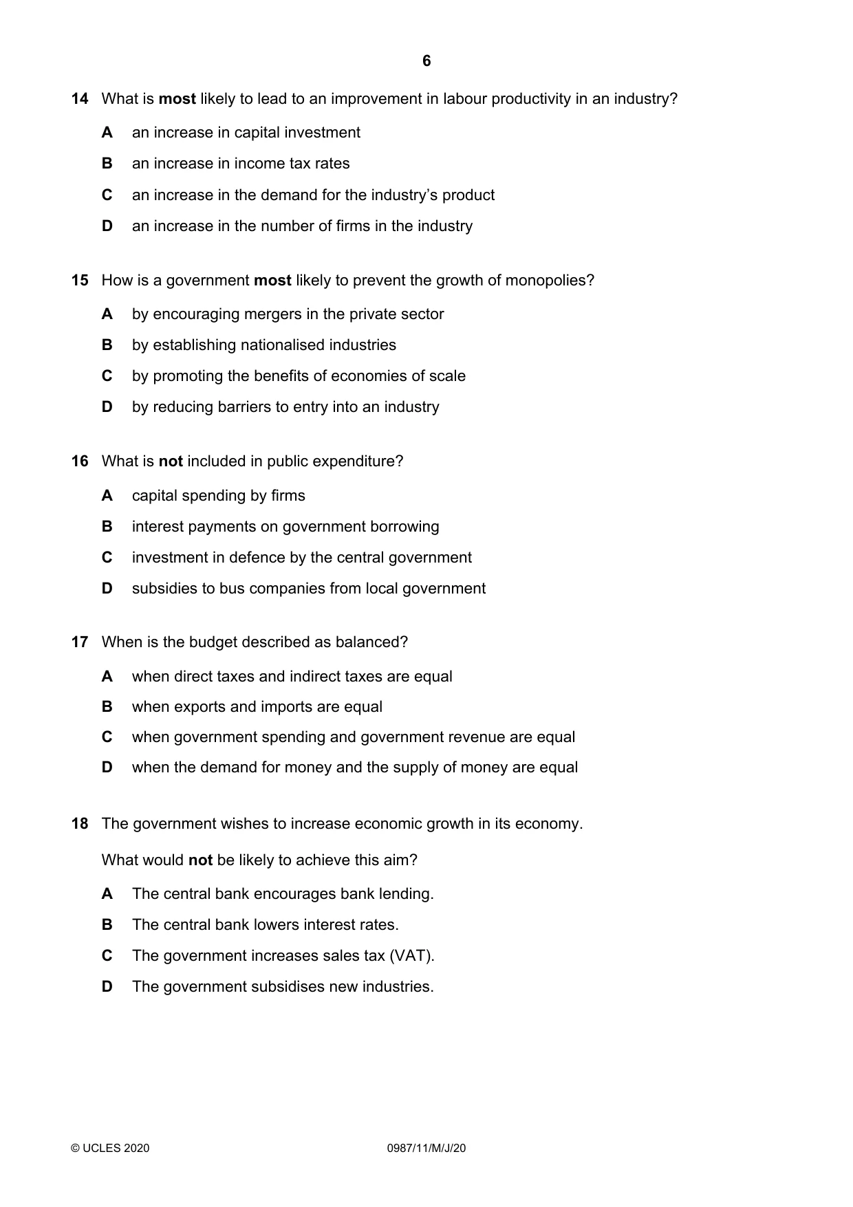 Cambridge IGCSE Economics (9-1) 0987 2020 May/June Paper 1 · Variant 1 question paper, page 6 of 12
