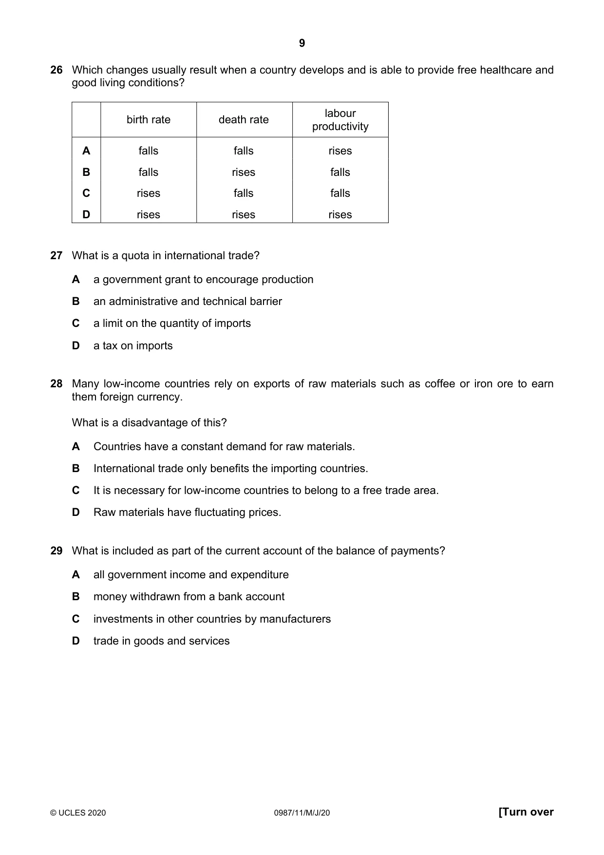 Cambridge IGCSE Economics (9-1) 0987 2020 May/June Paper 1 · Variant 1 question paper, page 9 of 12
