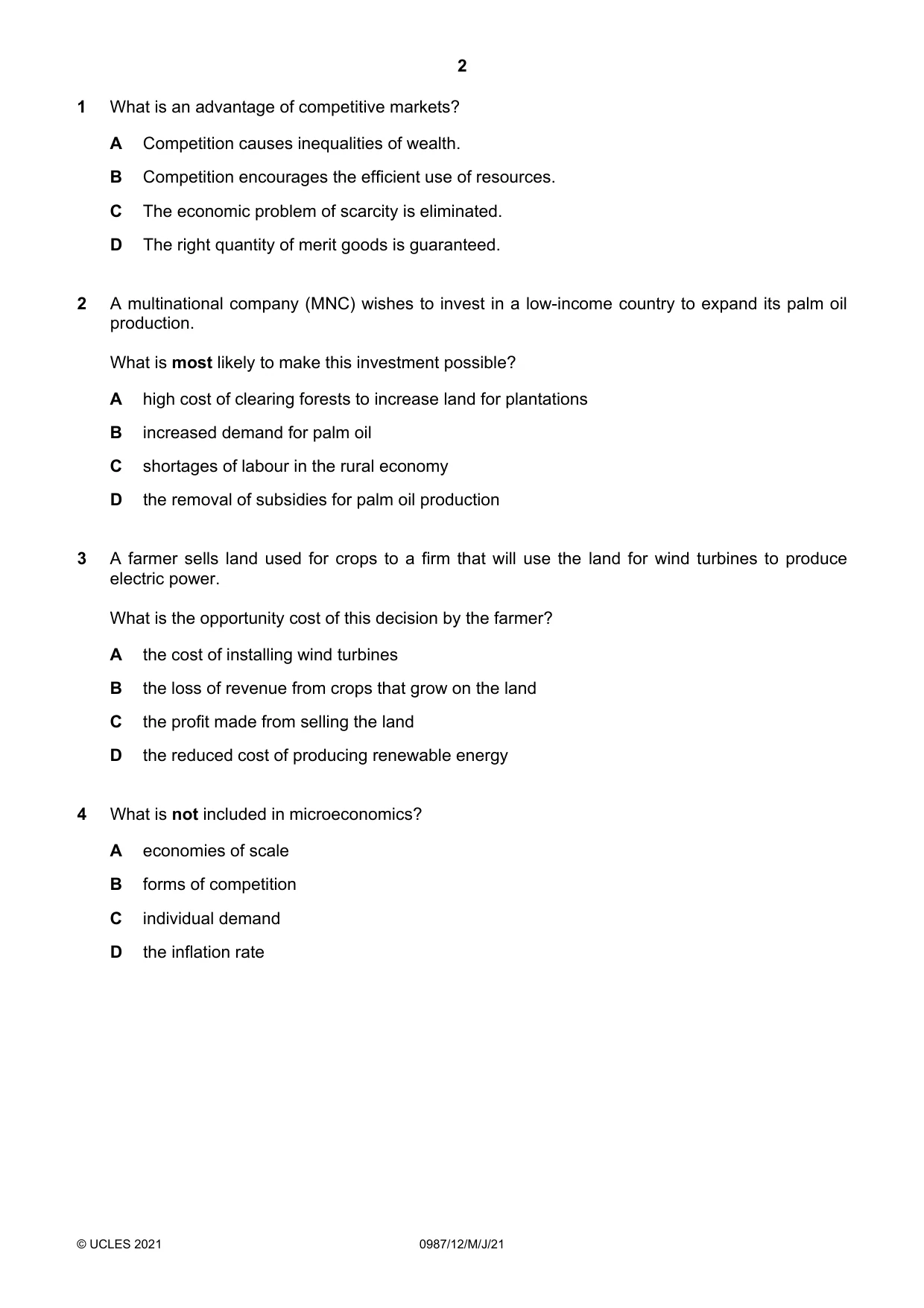 Cambridge IGCSE Economics (9-1) 0987 2021 May/June Paper 1 · Variant 2 question paper, page 2 of 12