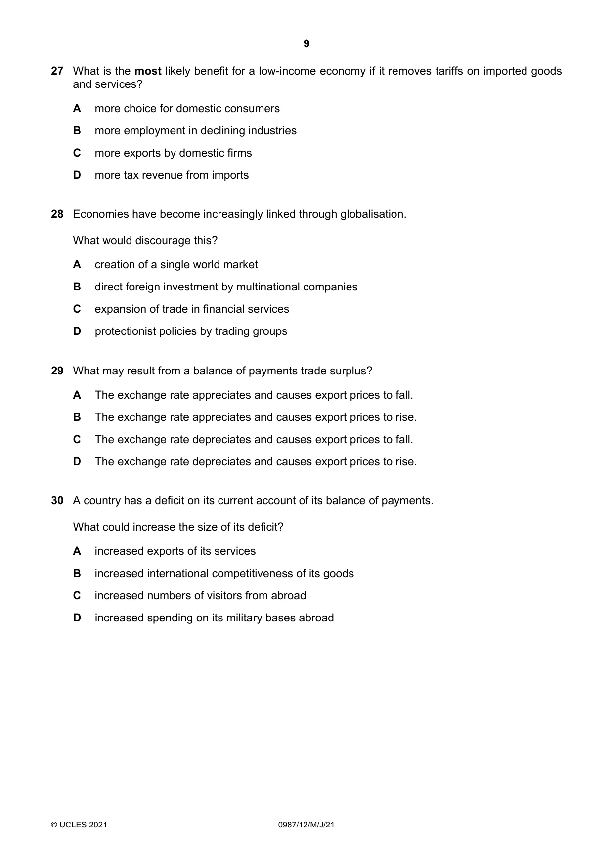 Cambridge IGCSE Economics (9-1) 0987 2021 May/June Paper 1 · Variant 2 question paper, page 9 of 12