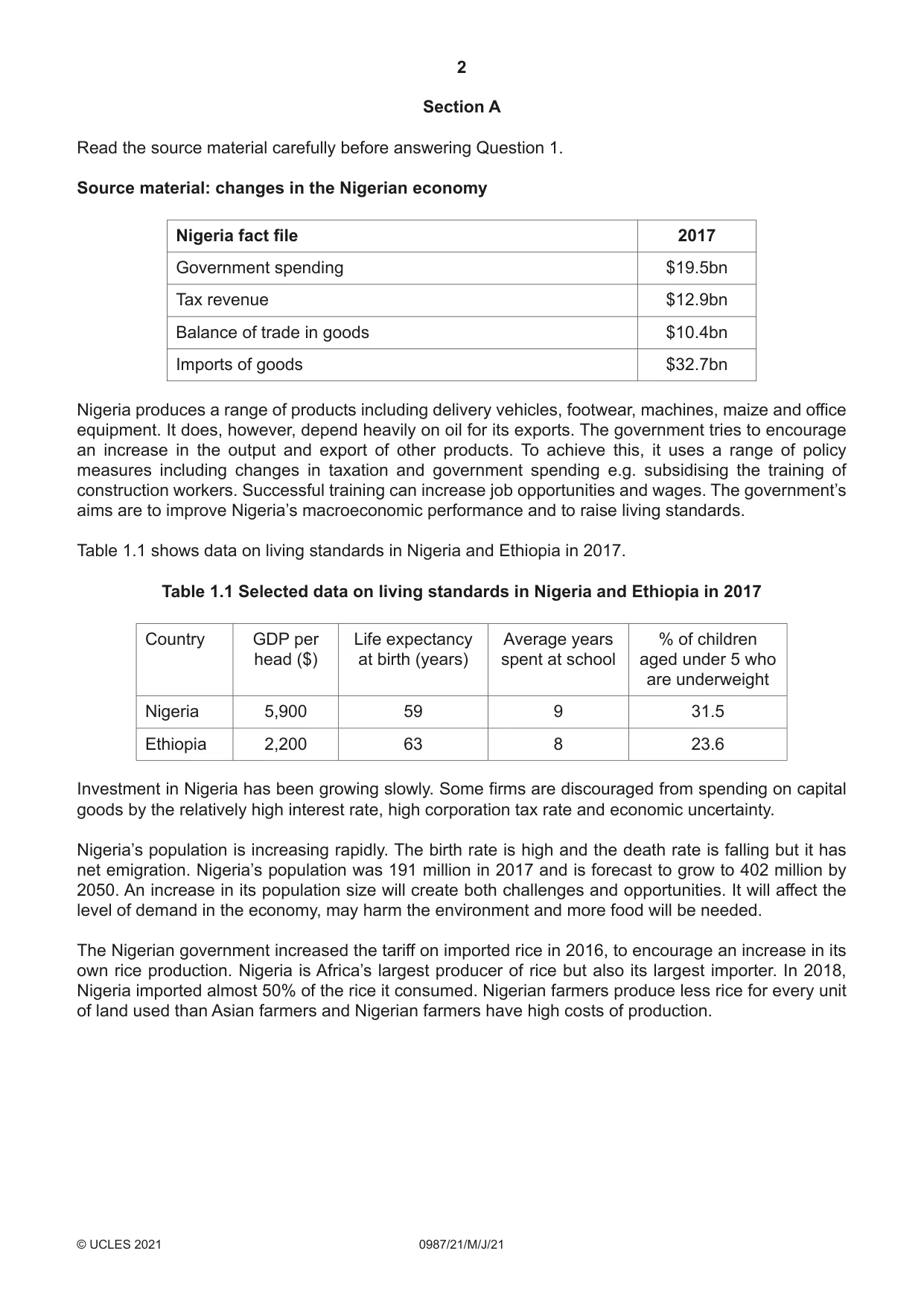 Cambridge IGCSE Economics (9-1) 0987 2021 May/June Paper 2 · Variant 1 question paper, page 2 of 8