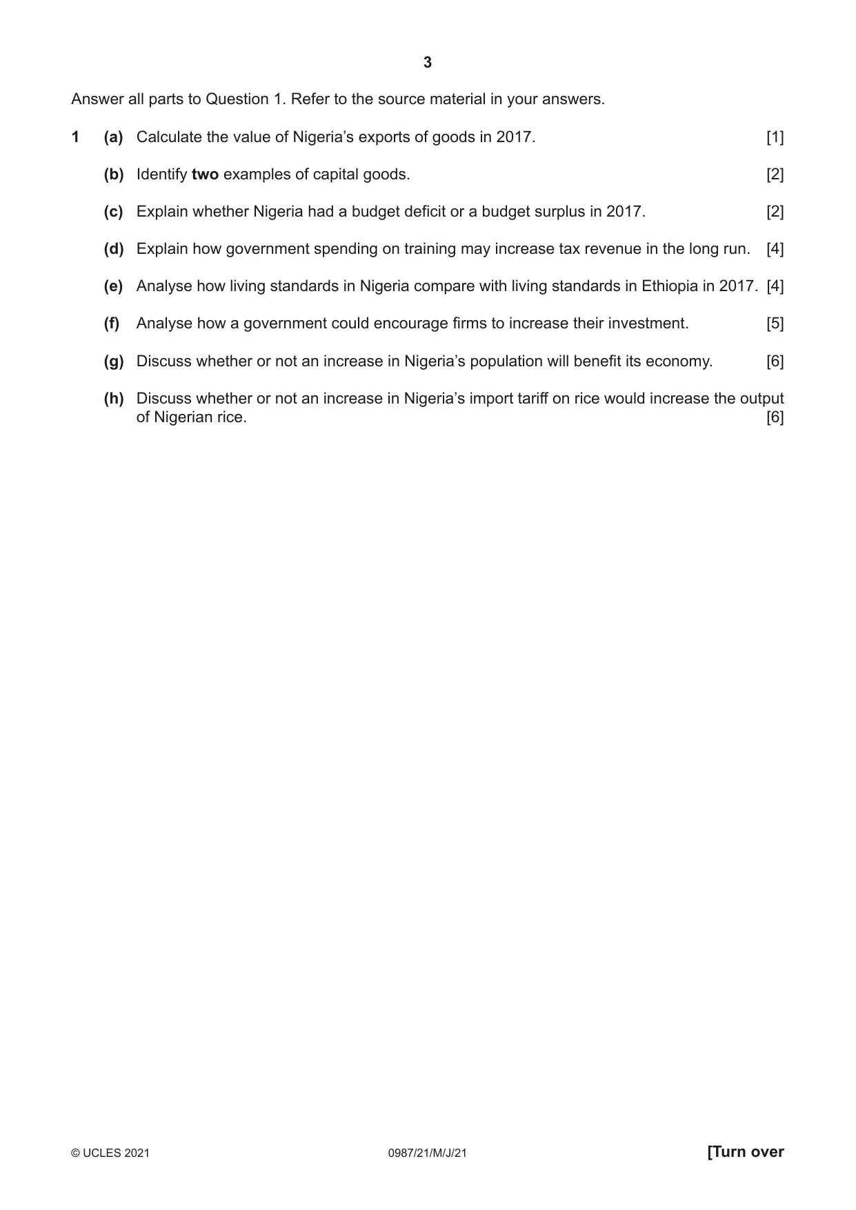 Cambridge IGCSE Economics (9-1) 0987 2021 May/June Paper 2 · Variant 1 question paper, page 3 of 8