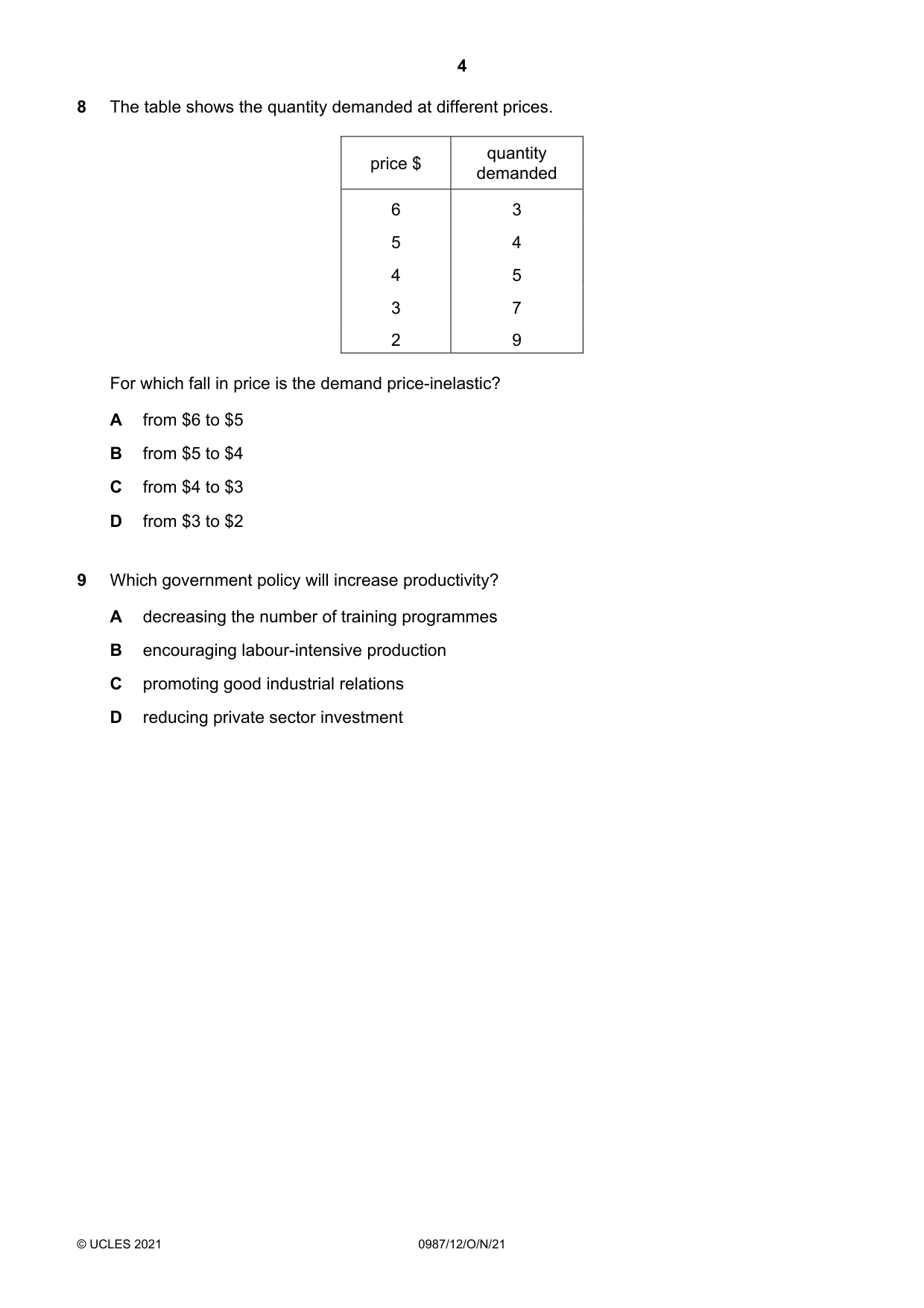 Cambridge IGCSE Economics (9-1) 0987 2021 Oct/Nov Paper 1 · Variant 2 question paper, page 4 of 12