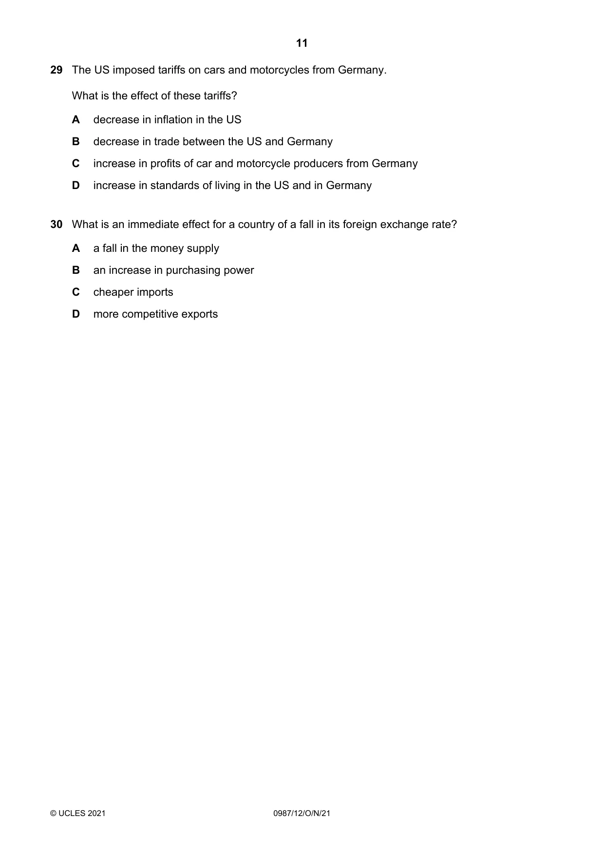 Cambridge IGCSE Economics (9-1) 0987 2021 Oct/Nov Paper 1 · Variant 2 question paper, page 11 of 12
