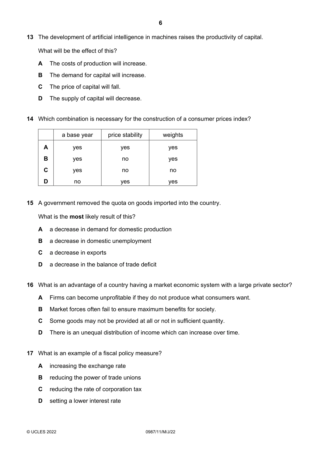 Cambridge IGCSE Economics (9-1) 0987 2022 May/June Paper 1 · Variant 1 question paper, page 6 of 12