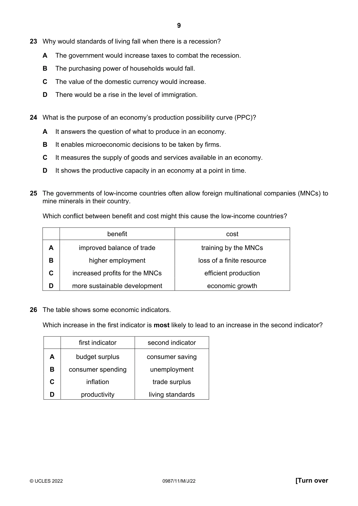 Cambridge IGCSE Economics (9-1) 0987 2022 May/June Paper 1 · Variant 1 question paper, page 9 of 12