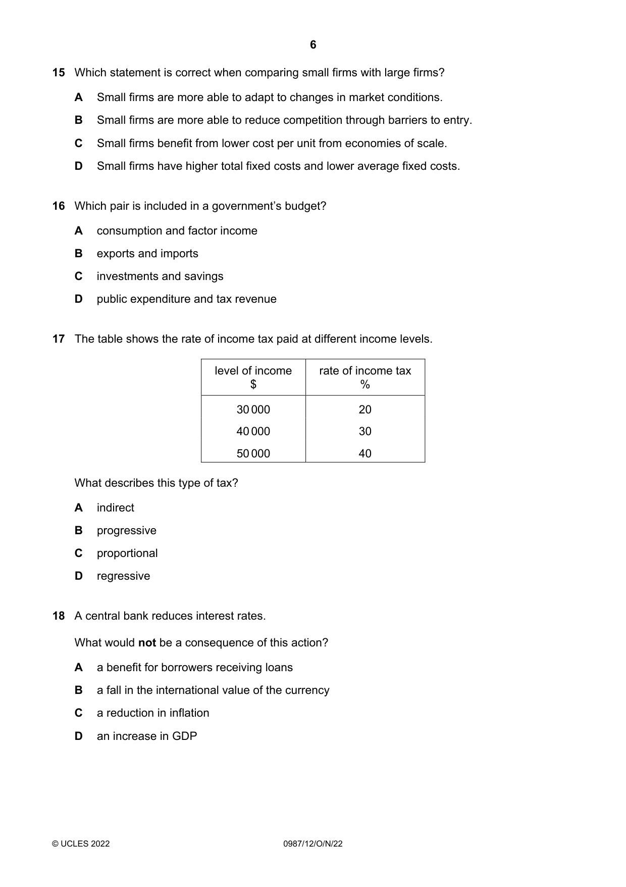 Cambridge IGCSE Economics (9-1) 0987 2022 Oct/Nov Paper 1 · Variant 2 question paper, page 6 of 12