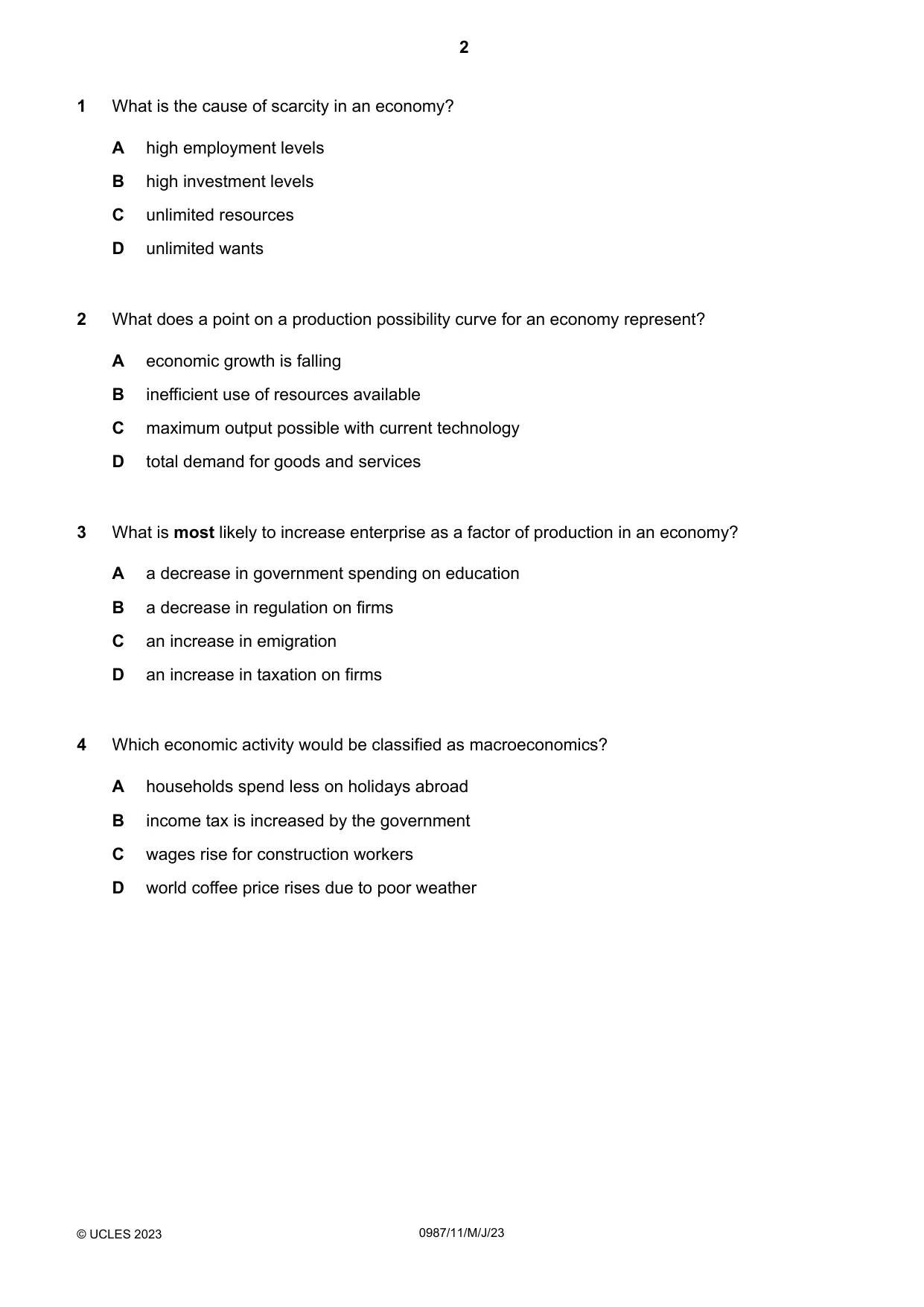 Cambridge IGCSE Economics (9-1) 0987 2023 May/June Paper 1 · Variant 1 question paper, page 2 of 12