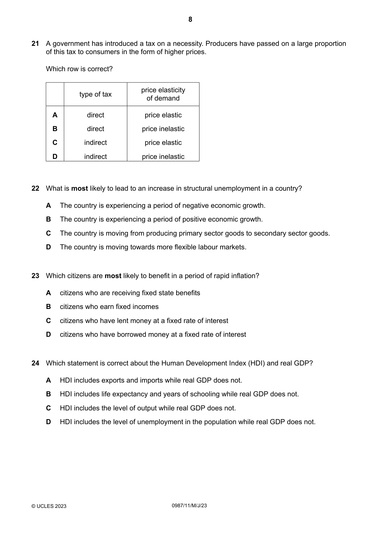 Cambridge IGCSE Economics (9-1) 0987 2023 May/June Paper 1 · Variant 1 question paper, page 8 of 12