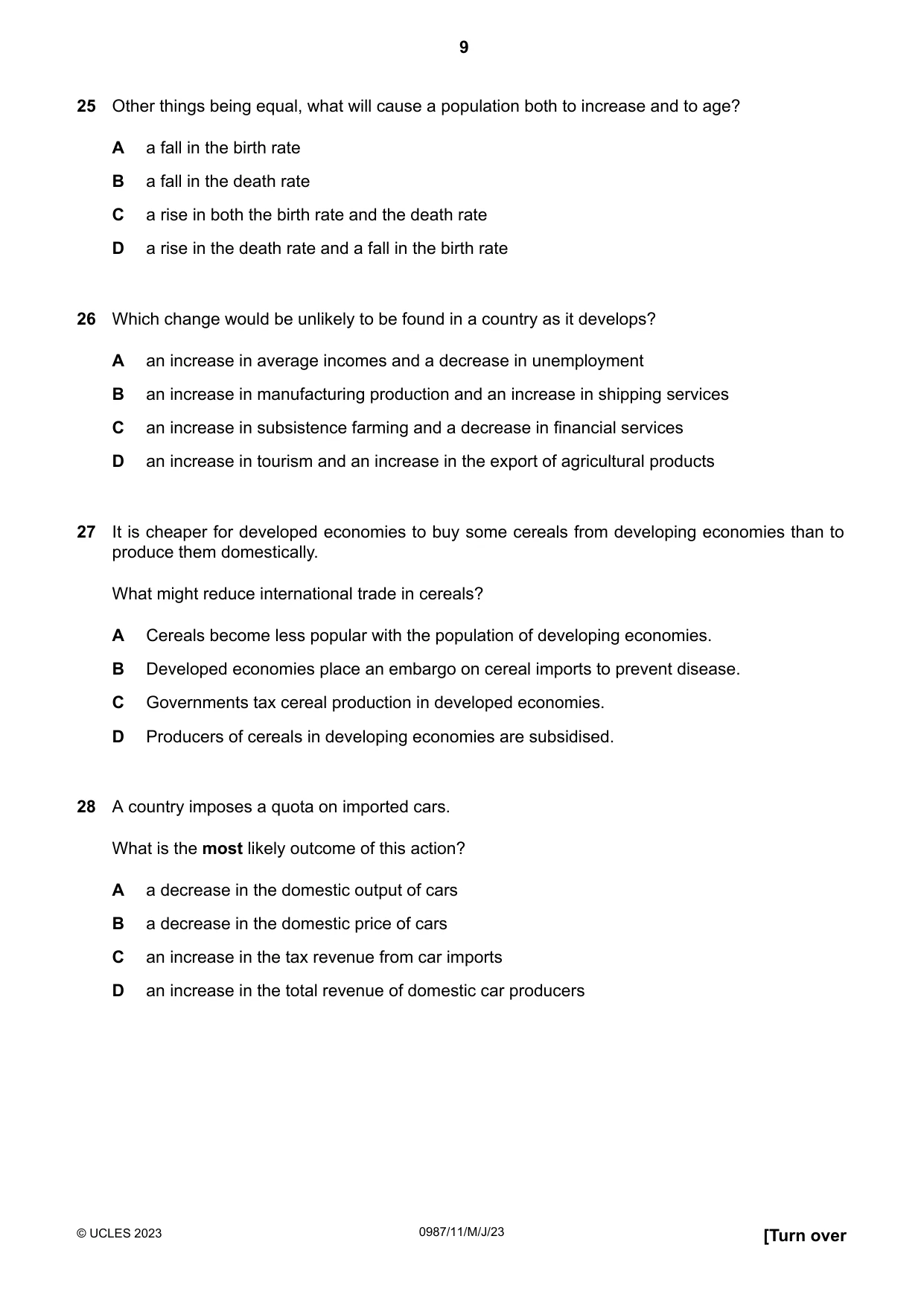 Cambridge IGCSE Economics (9-1) 0987 2023 May/June Paper 1 · Variant 1 question paper, page 9 of 12