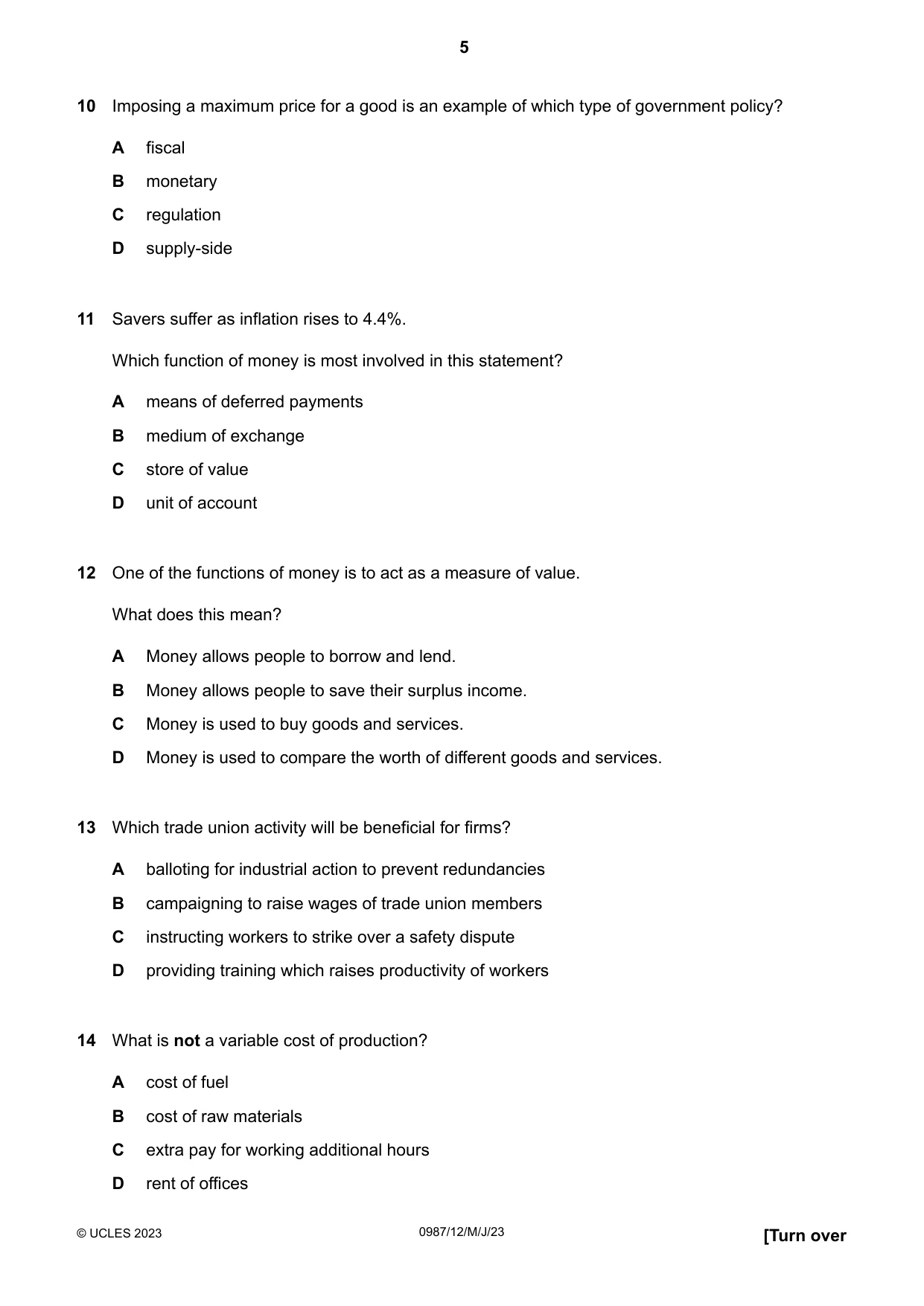 Cambridge IGCSE Economics (9-1) 0987 2023 May/June Paper 1 · Variant 2 question paper, page 5 of 12