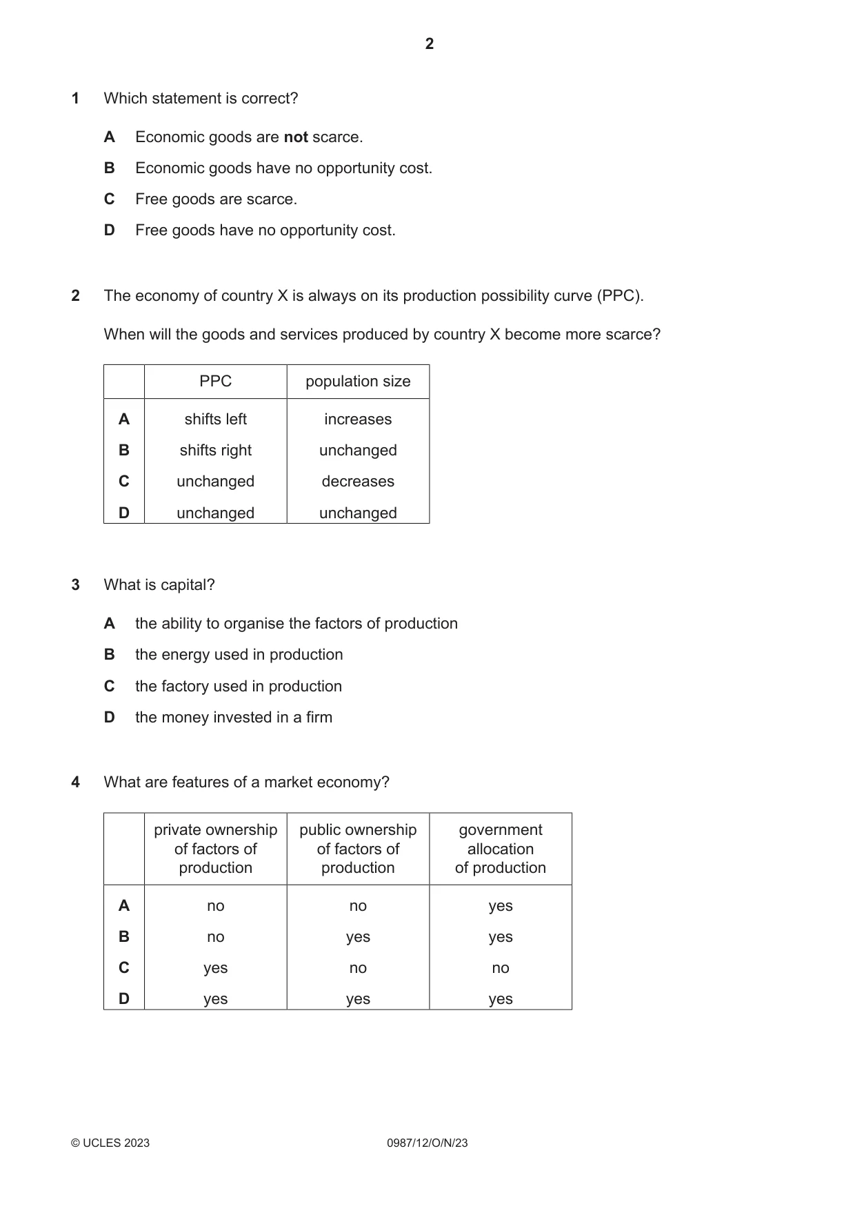 Cambridge IGCSE Economics (9-1) 0987 2023 Oct/Nov Paper 1 · Variant 2 question paper, page 2 of 12