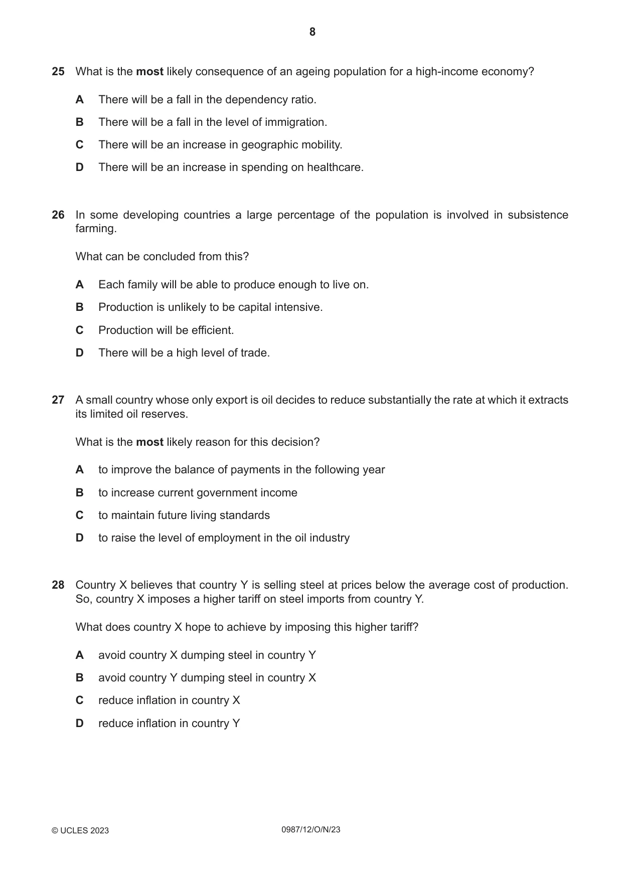 Cambridge IGCSE Economics (9-1) 0987 2023 Oct/Nov Paper 1 · Variant 2 question paper, page 8 of 12