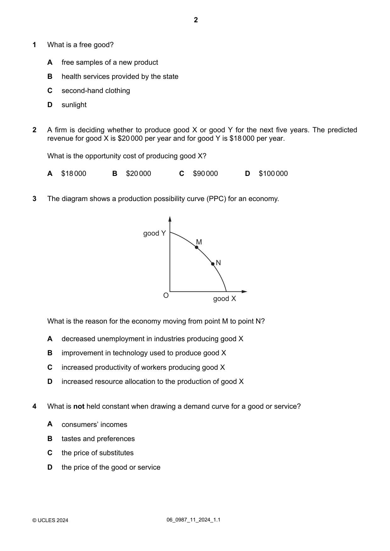Cambridge IGCSE Economics (9-1) 0987 2024 May/June Paper 1 · Variant 1 question paper, page 2 of 12