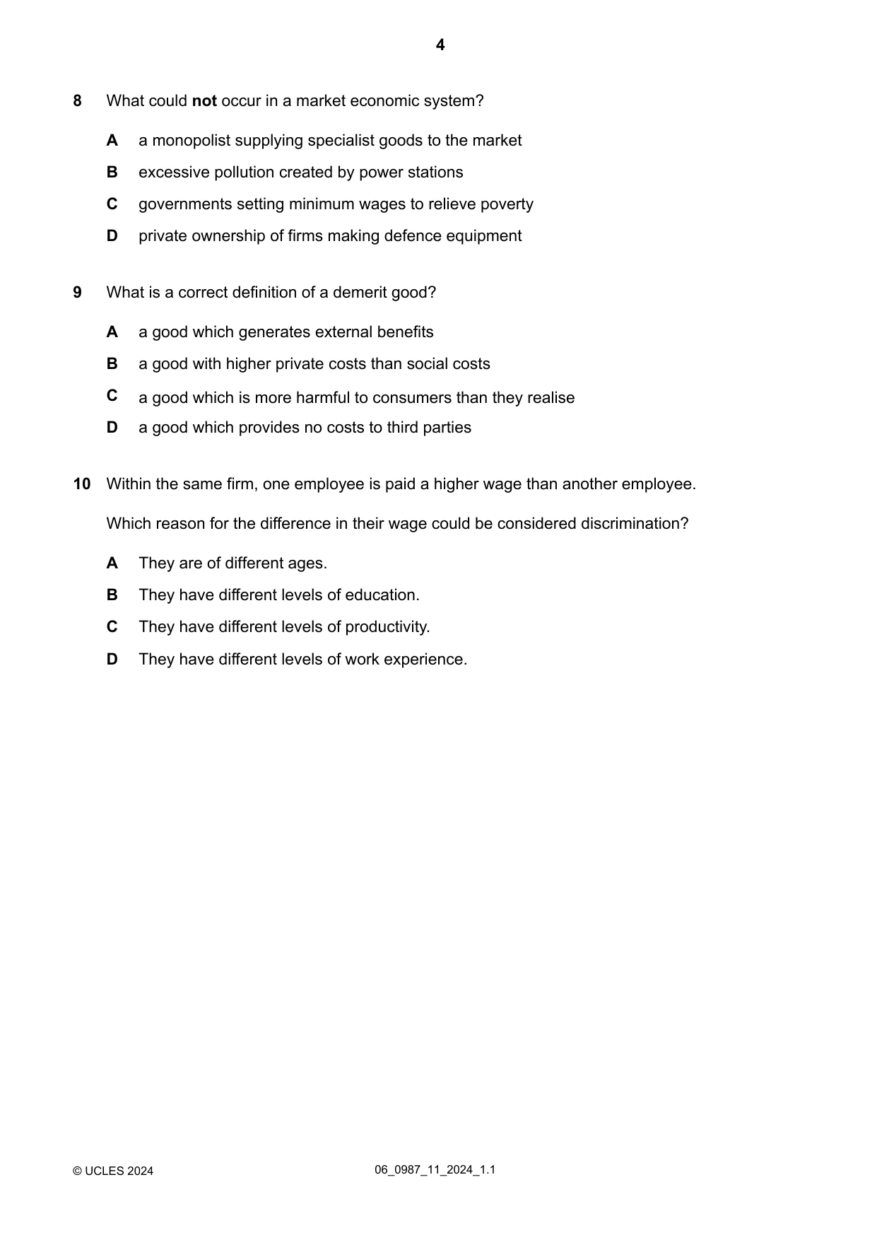 Cambridge IGCSE Economics (9-1) 0987 2024 May/June Paper 1 · Variant 1 question paper, page 4 of 12