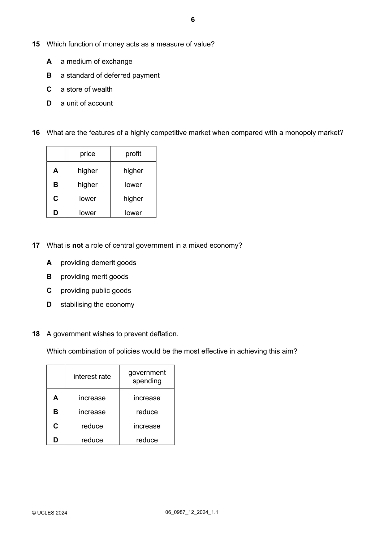 Cambridge IGCSE Economics (9-1) 0987 2024 May/June Paper 1 · Variant 2 question paper, page 6 of 12