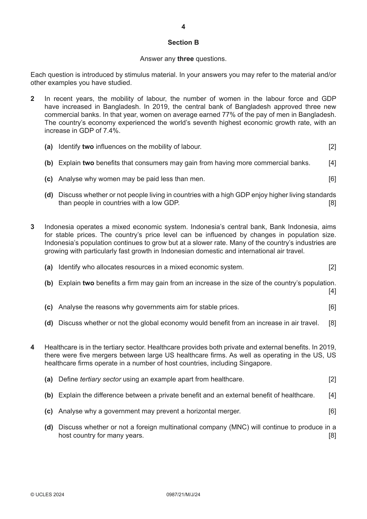 Cambridge IGCSE Economics (9-1) 0987 2024 May/June Paper 2 · Variant 1 question paper, page 4 of 8