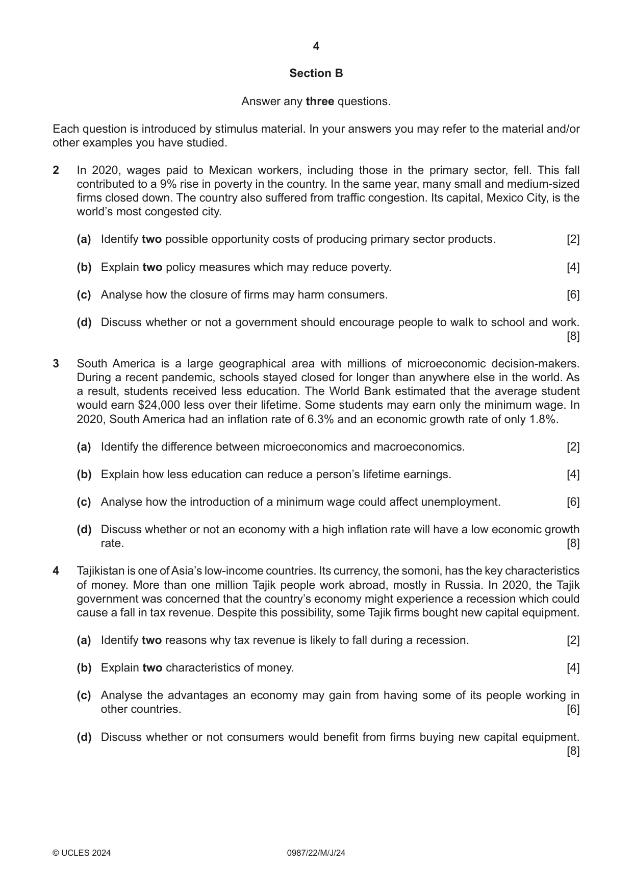 Cambridge IGCSE Economics (9-1) 0987 2024 May/June Paper 2 · Variant 2 question paper, page 4 of 8