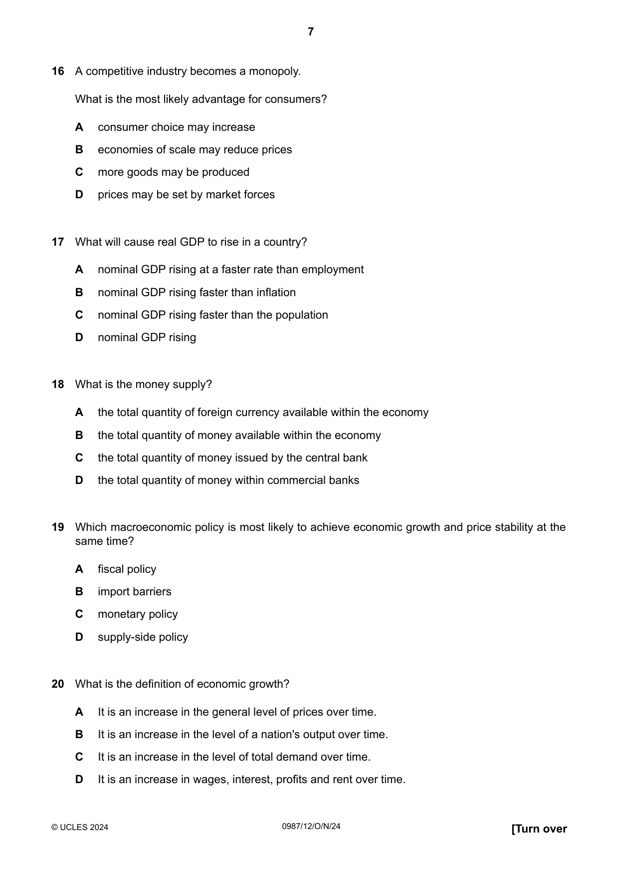 Cambridge IGCSE Economics (9-1) 0987 2024 Oct/Nov Paper 1 · Variant 2 question paper, page 7 of 12