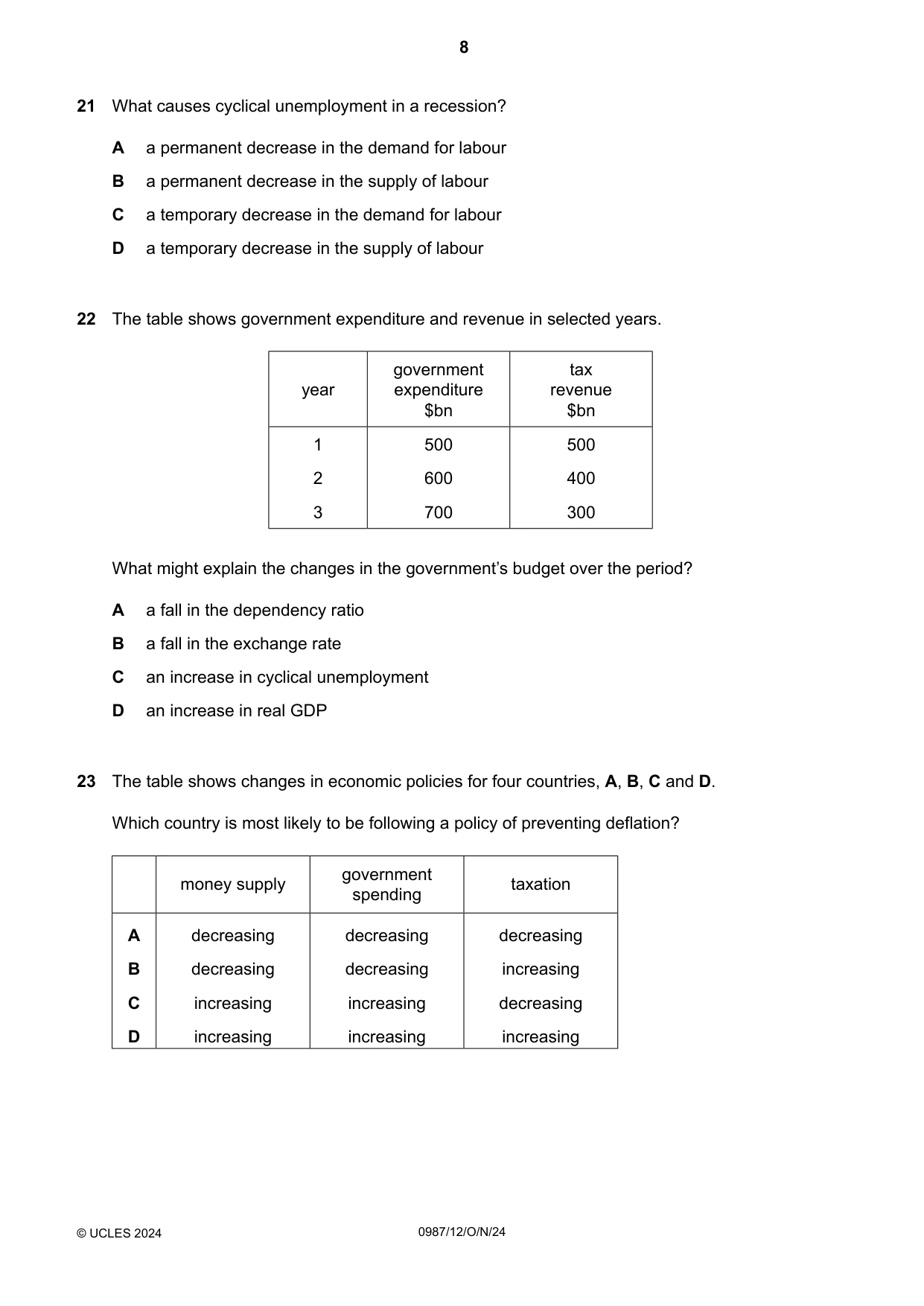 Cambridge IGCSE Economics (9-1) 0987 2024 Oct/Nov Paper 1 · Variant 2 question paper, page 8 of 12