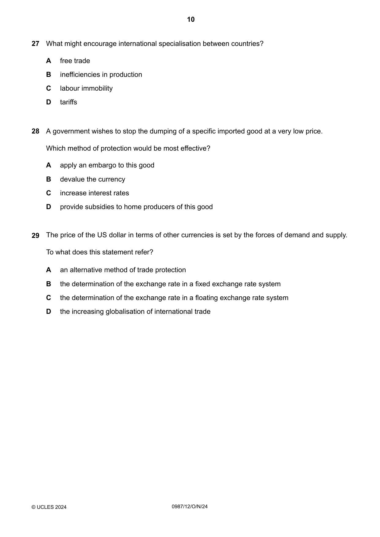 Cambridge IGCSE Economics (9-1) 0987 2024 Oct/Nov Paper 1 · Variant 2 question paper, page 10 of 12