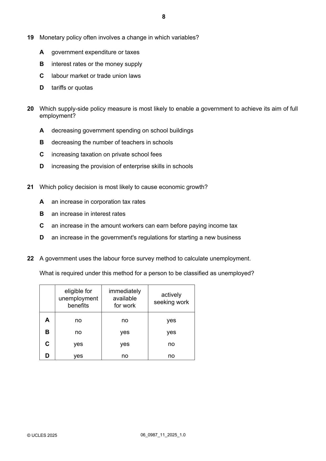 Cambridge IGCSE Economics (9-1) 0987 2025 May/June Paper 1 · Variant 1 question paper, page 8 of 12