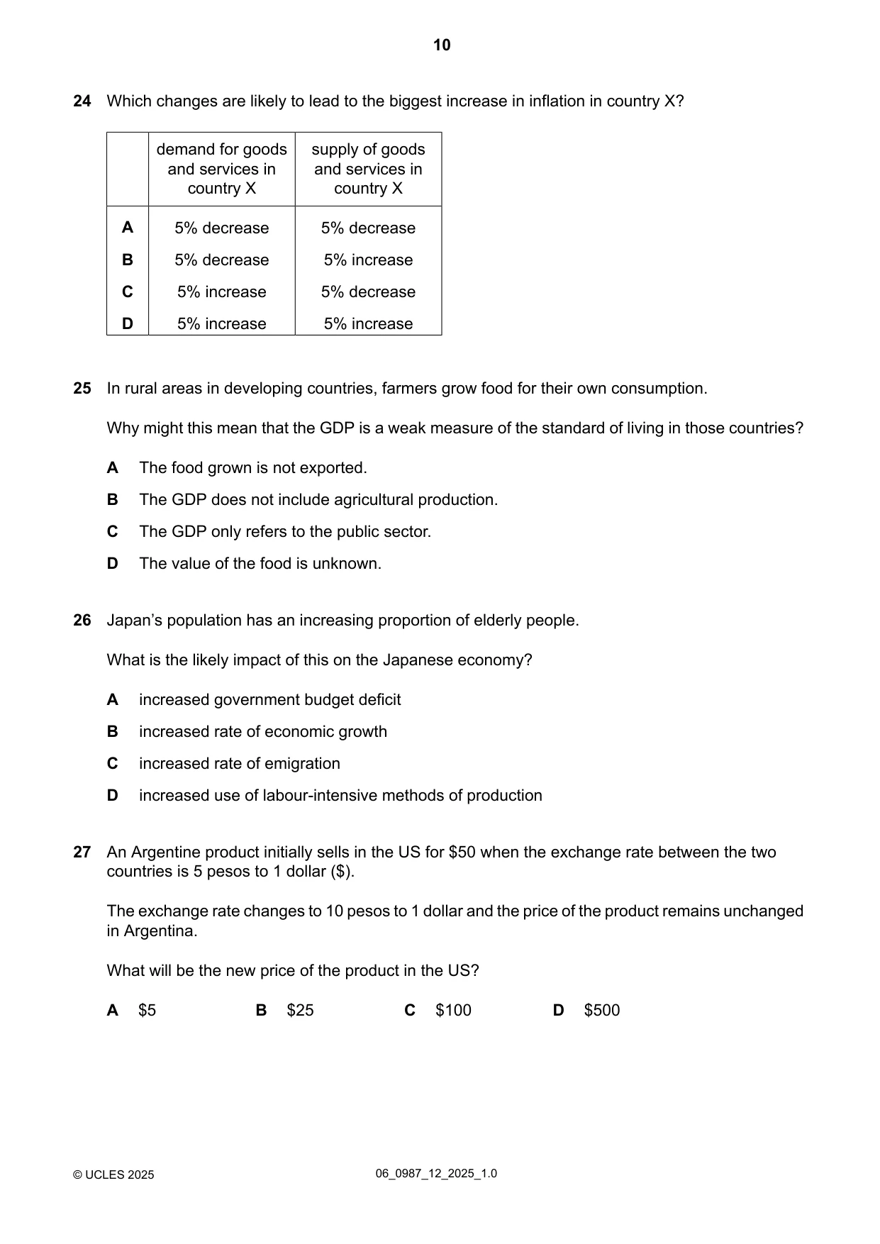 Cambridge IGCSE Economics (9-1) 0987 2025 May/June Paper 1 · Variant 2 question paper, page 10 of 12