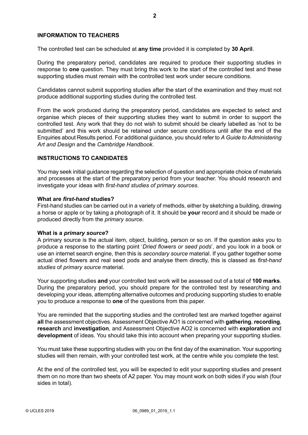 Cambridge IGCSE Art and Design (9-1) 0989 2019 May/June Paper 1 · Variant 0 question paper, page 2 of 4
