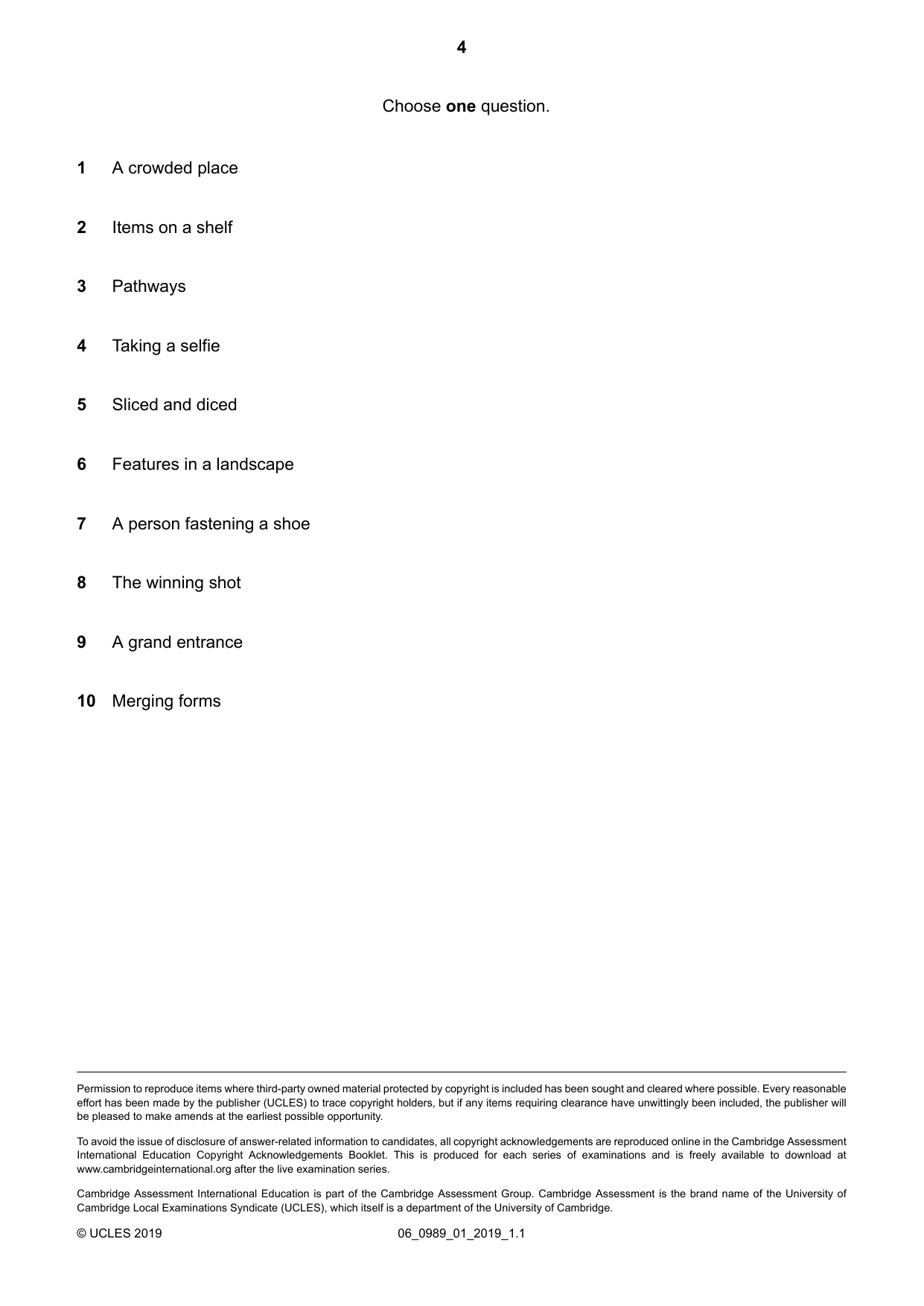 Cambridge IGCSE Art and Design (9-1) 0989 2019 May/June Paper 1 · Variant 0 question paper, page 4 of 4