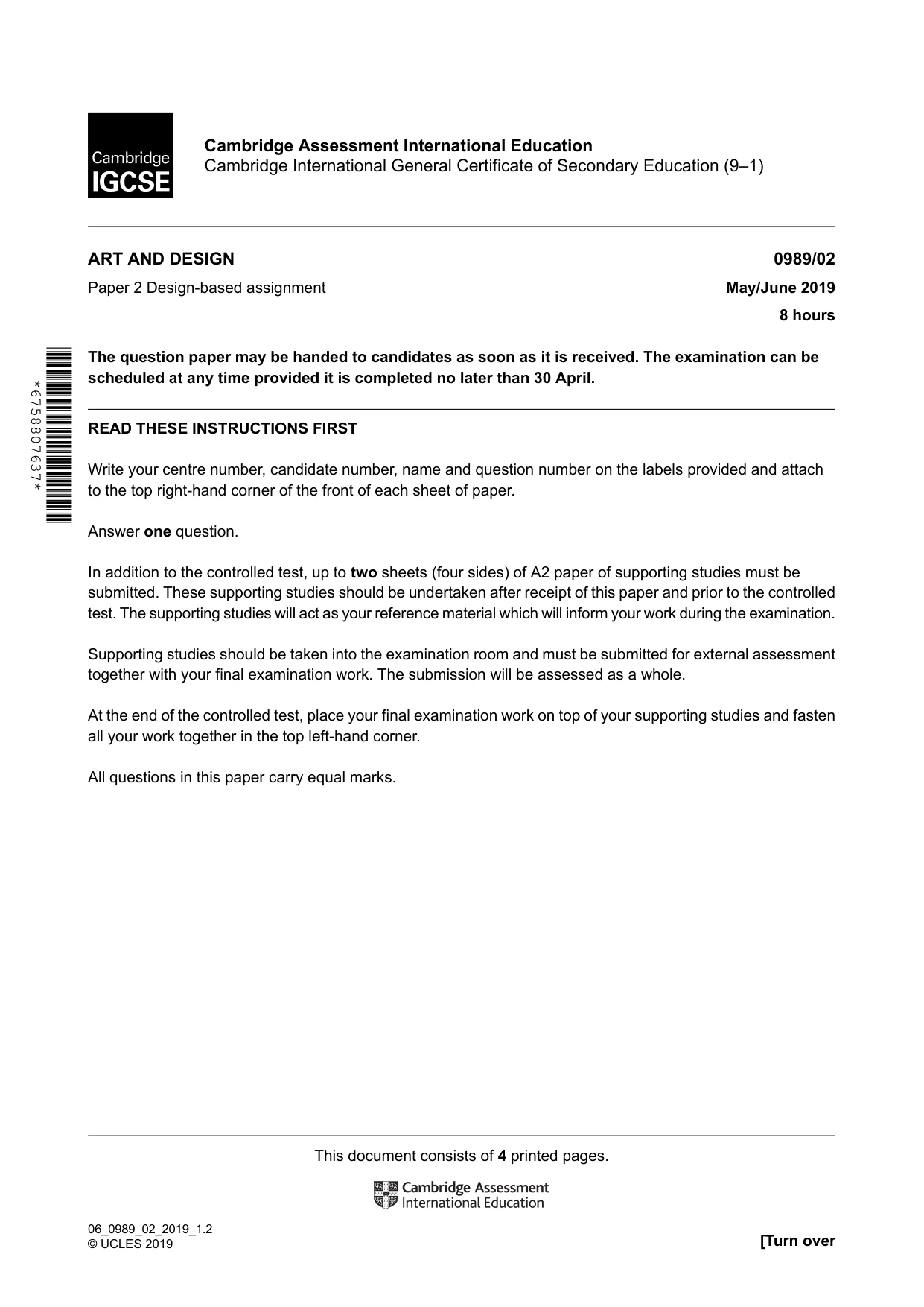 Cambridge IGCSE Art and Design (9-1) 0989 2019 May/June Paper 2 · Variant 0 question paper, page 1 of 4