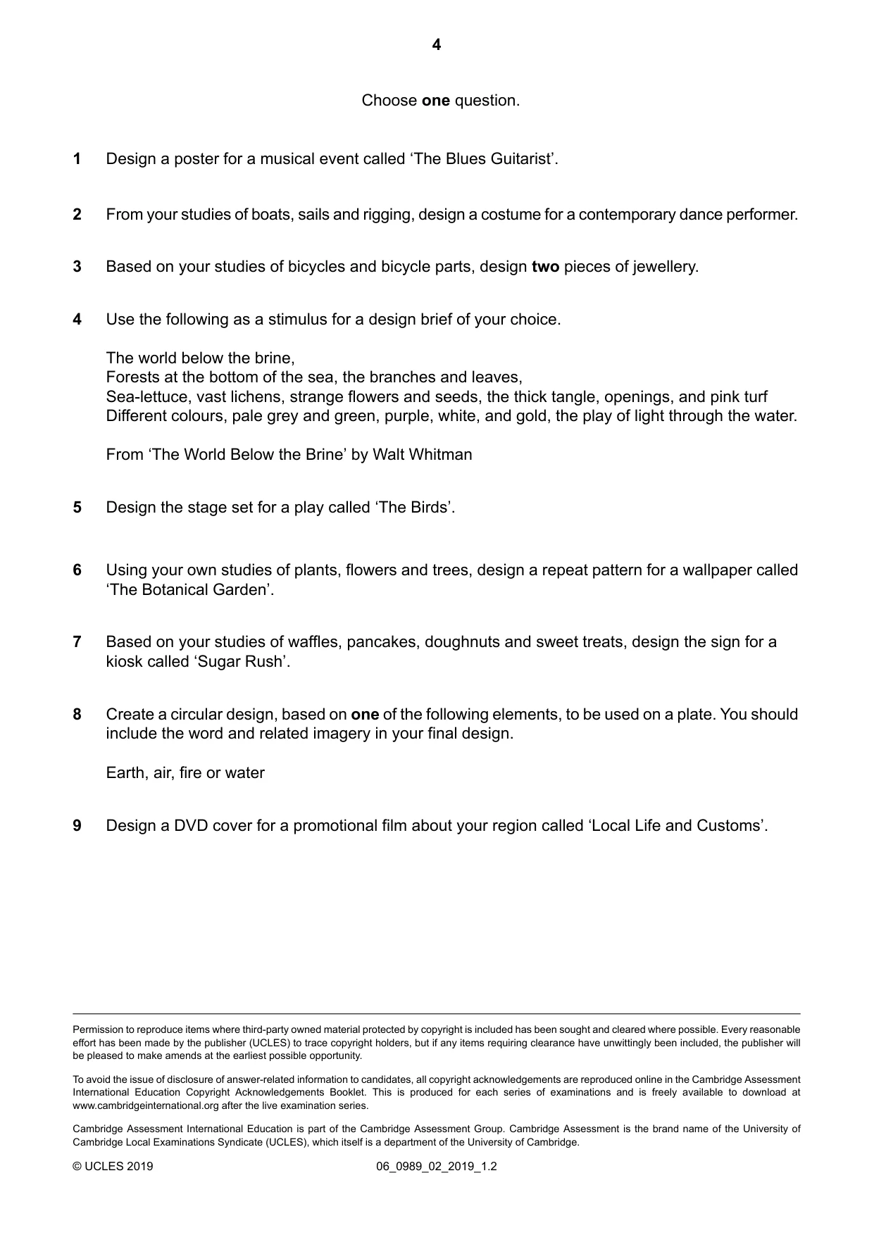Cambridge IGCSE Art and Design (9-1) 0989 2019 May/June Paper 2 · Variant 0 question paper, page 4 of 4