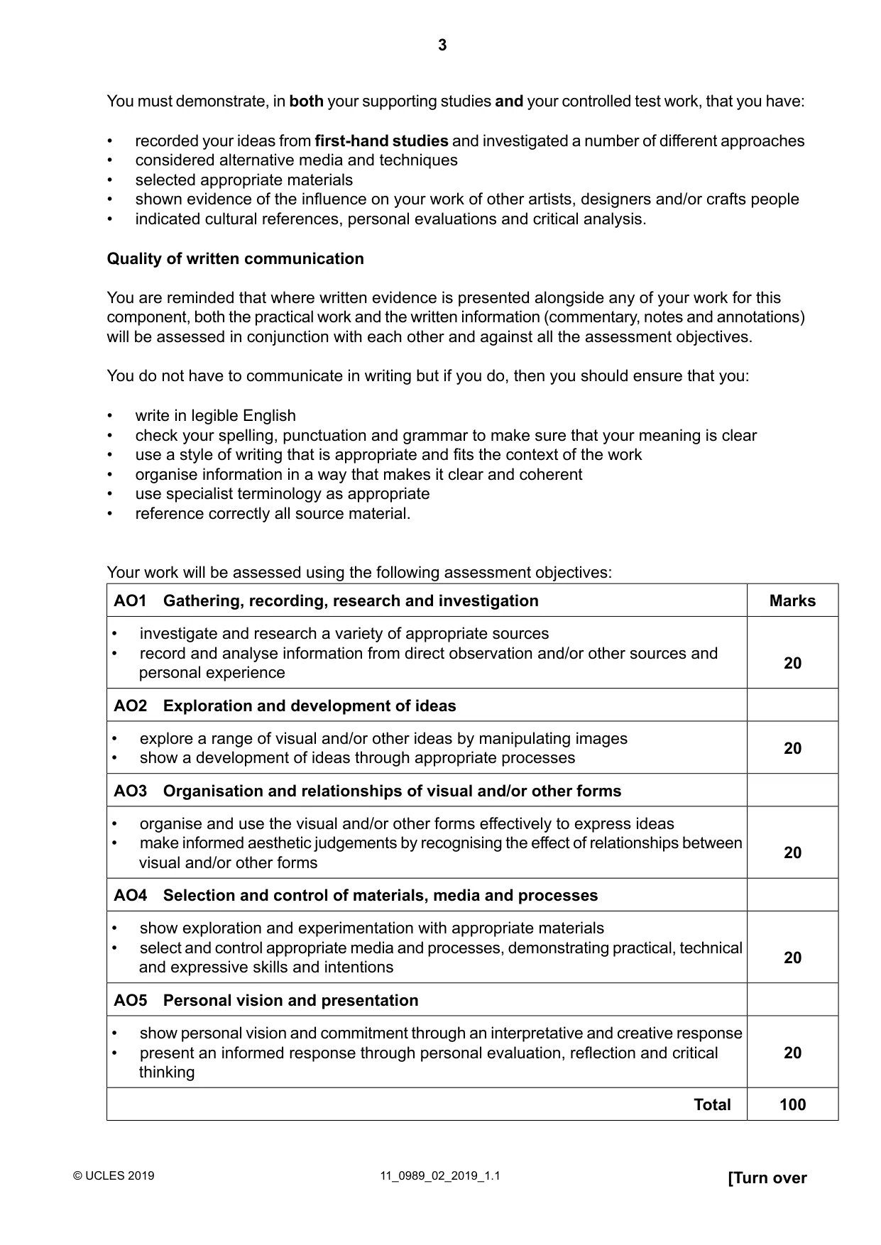 Cambridge IGCSE Art and Design (9-1) 0989 2019 Oct/Nov Paper 2 · Variant 1 question paper, page 3 of 4